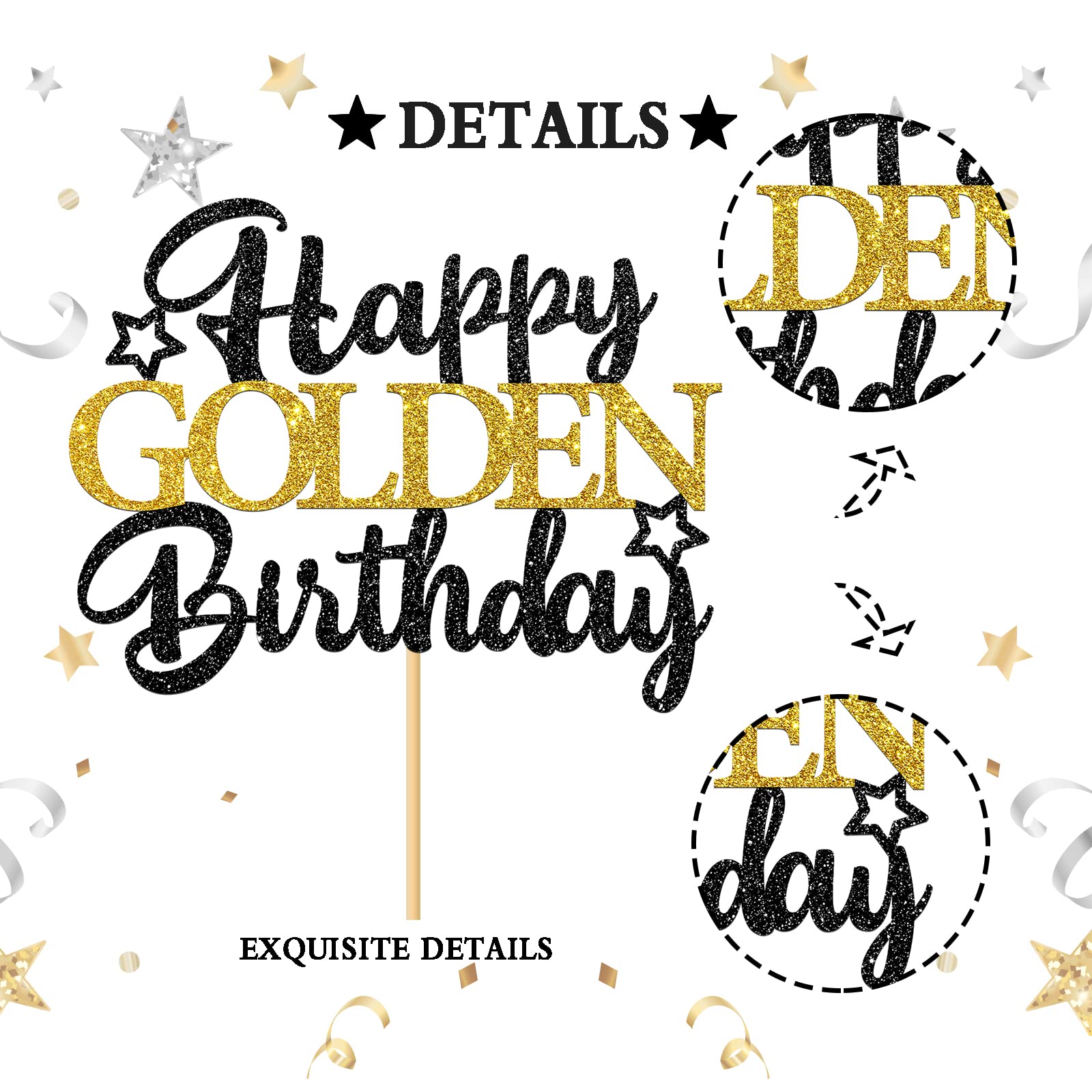 Happy Golden Birthday Cake Topper - Black Gold Glitter Party Decor for Kids & Adults - Cake Decoration Supplies & Photo Props - Perfect for Birthday Parties, Anniversaries, and Celebrations