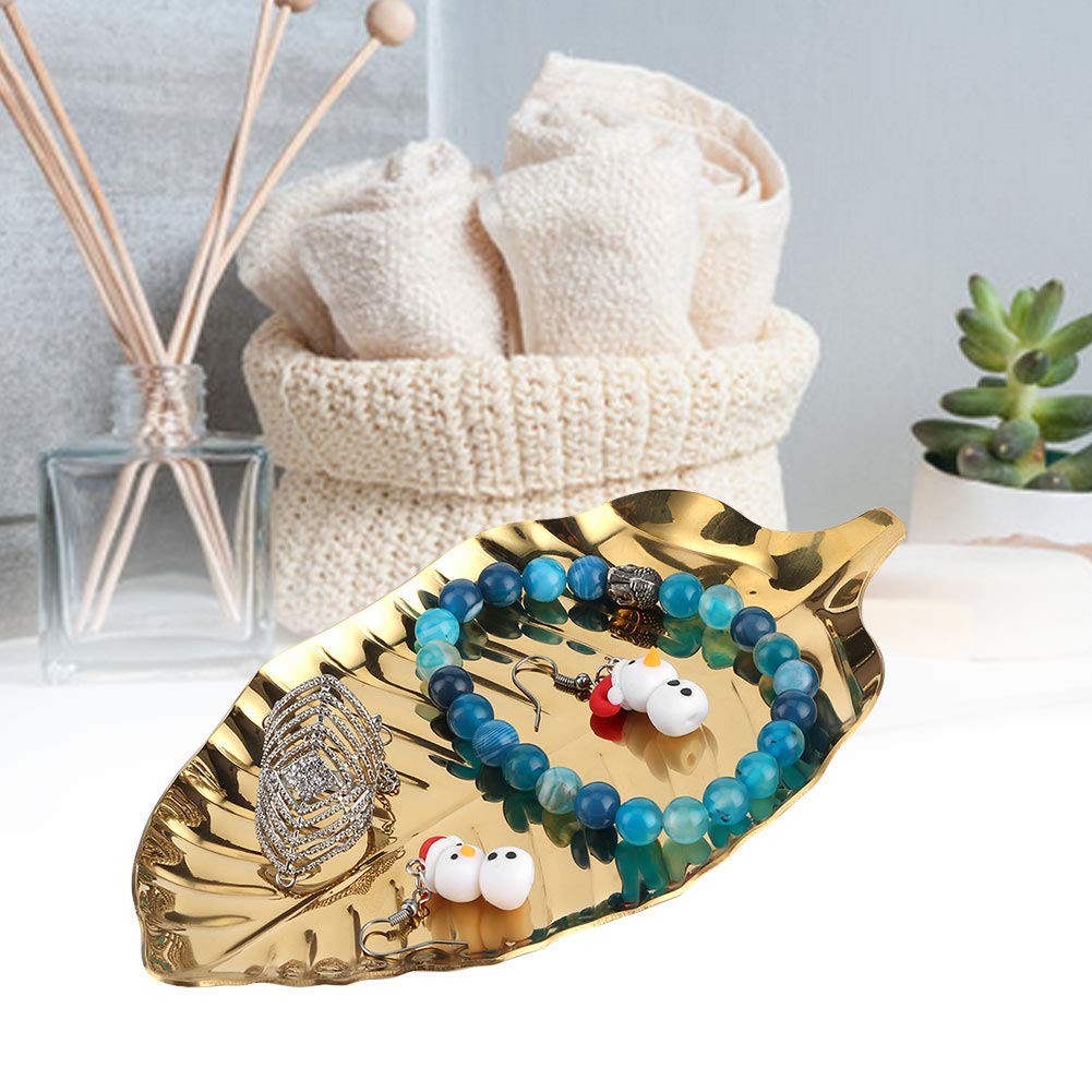 HERCHR Gold Stainless Steel Leaf-Shaped Decorative Tray - Jewelry & Trinket Display Dish for Bathroom, Dresser, Vanity - 3.7 x 6.7 Inches - Elegant Home Decor & Gift Idea for Women