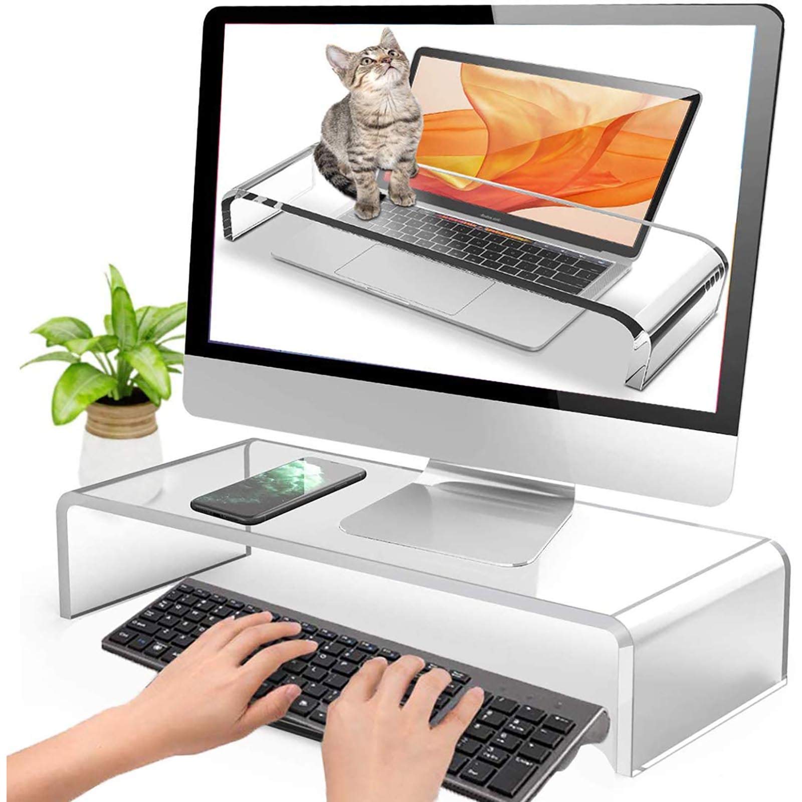 Anti-Cat Clear Acrylic Keyboard Cover for Laptop & Desktop - 20.7x7.9x3.9in Ergonomic Space-Saving Monitor Stand with Durable 0.4in Thick Design | Perfect for Home Office, Gaming Setup & Workspace Organization