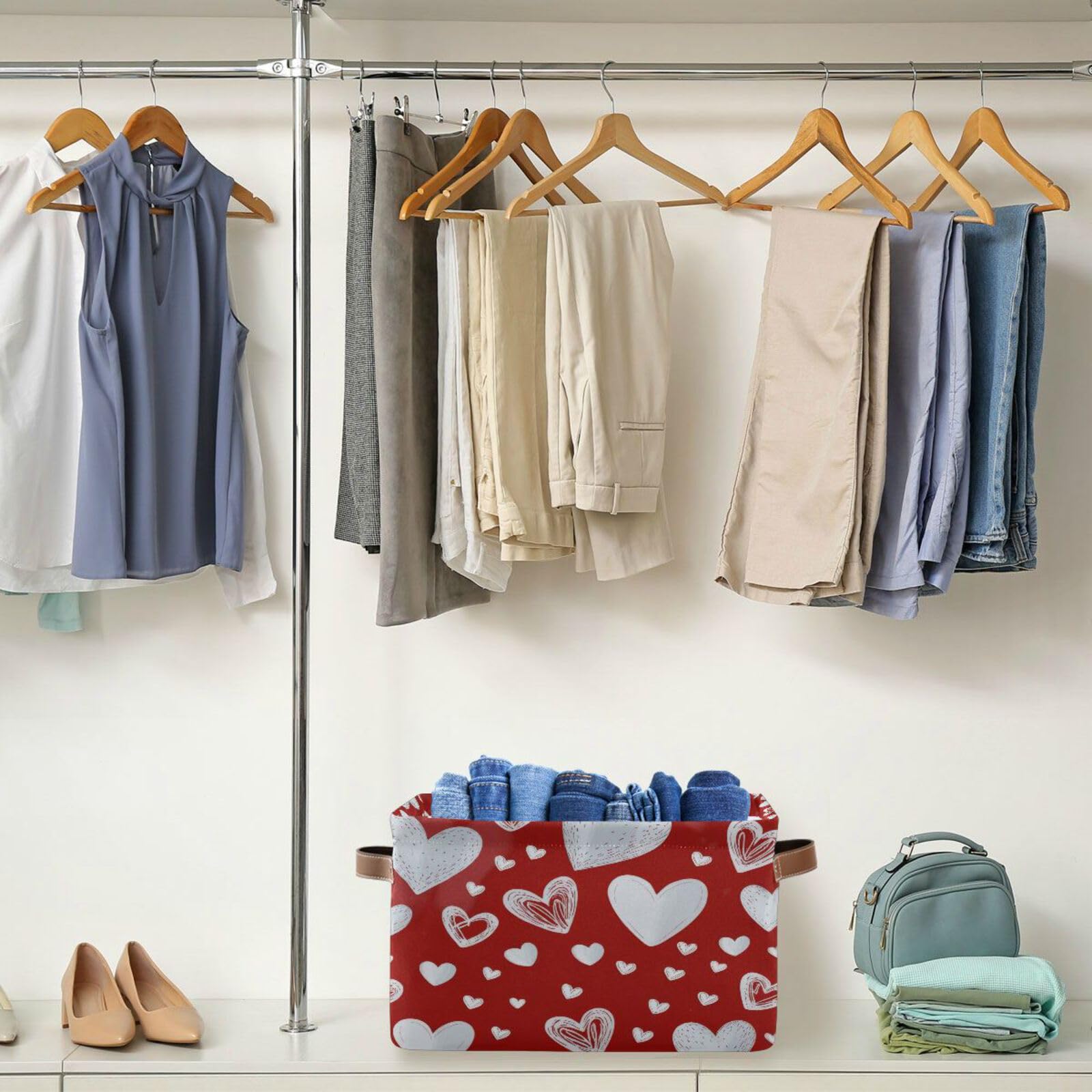 2PCS Red Heart Valentine's Day Fabric Storage Bins with Handles - Closet Organizer Baskets for Clothes, Toys & Home Decor | Perfect for Bedroom, Nursery & Gift Giving