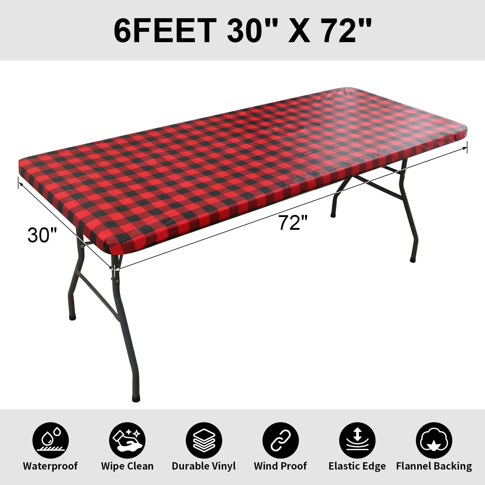 Smiry Rectangle Waterproof Picnic Tablecloth - Elastic Fitted Vinyl Table Cover for 6 Foot Tables, Flannel Backed Buffalo Plaid Design for Outdoor Dining, Camping & Parties (Black & Red, 30x72 Inches) - Perfect for BBQs, Picnics, Tailgating & Holiday Gatherings