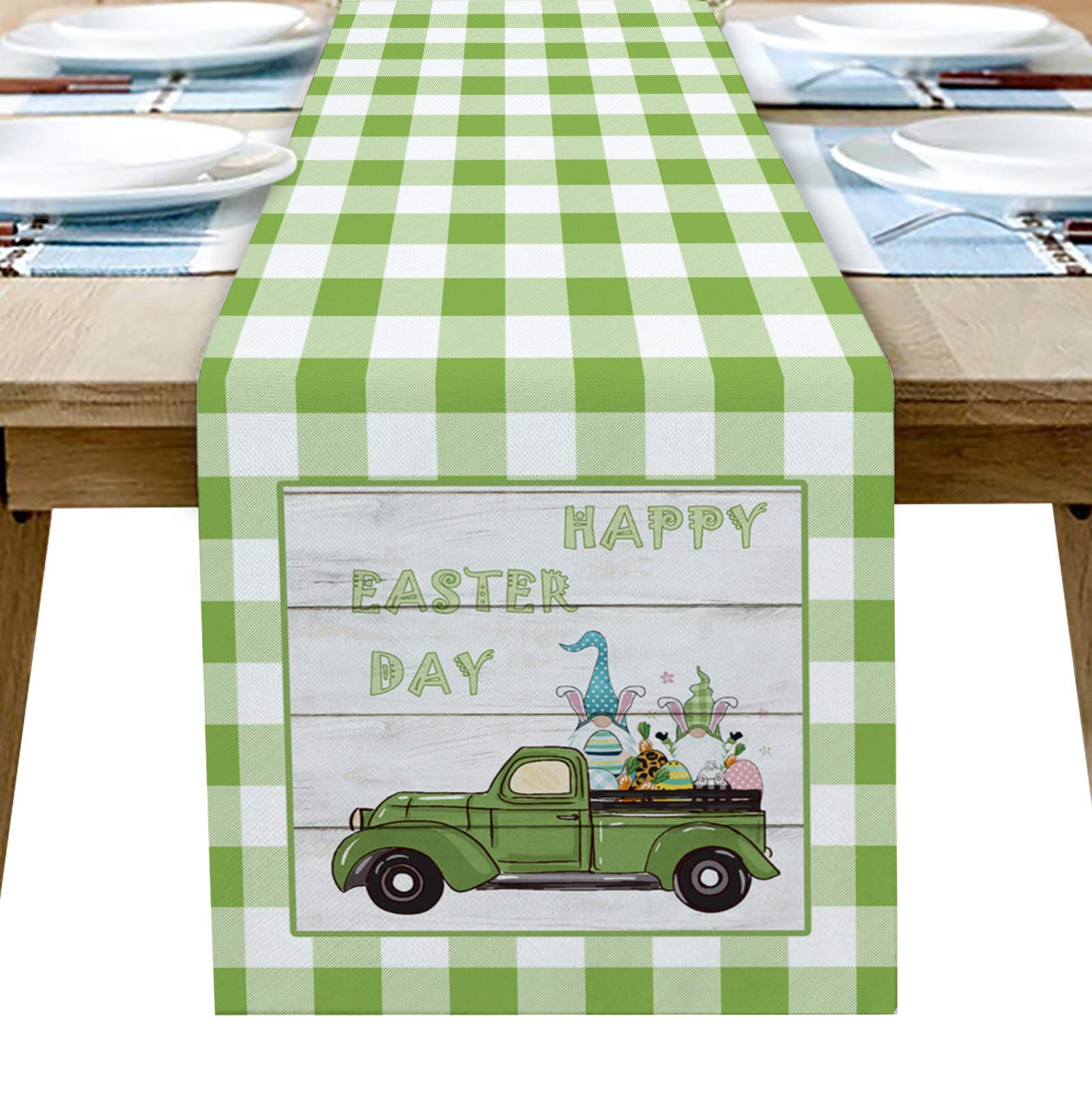 Lansemy Easter Burlap Table Runner - 13x90 Inch Linen Table Scarf for Dining Room, Coffee Table, Wedding & Party Decor - Gnome & Easter Egg Design in Green - Perfect for Spring Celebrations, Holiday Dinners & Home Decor