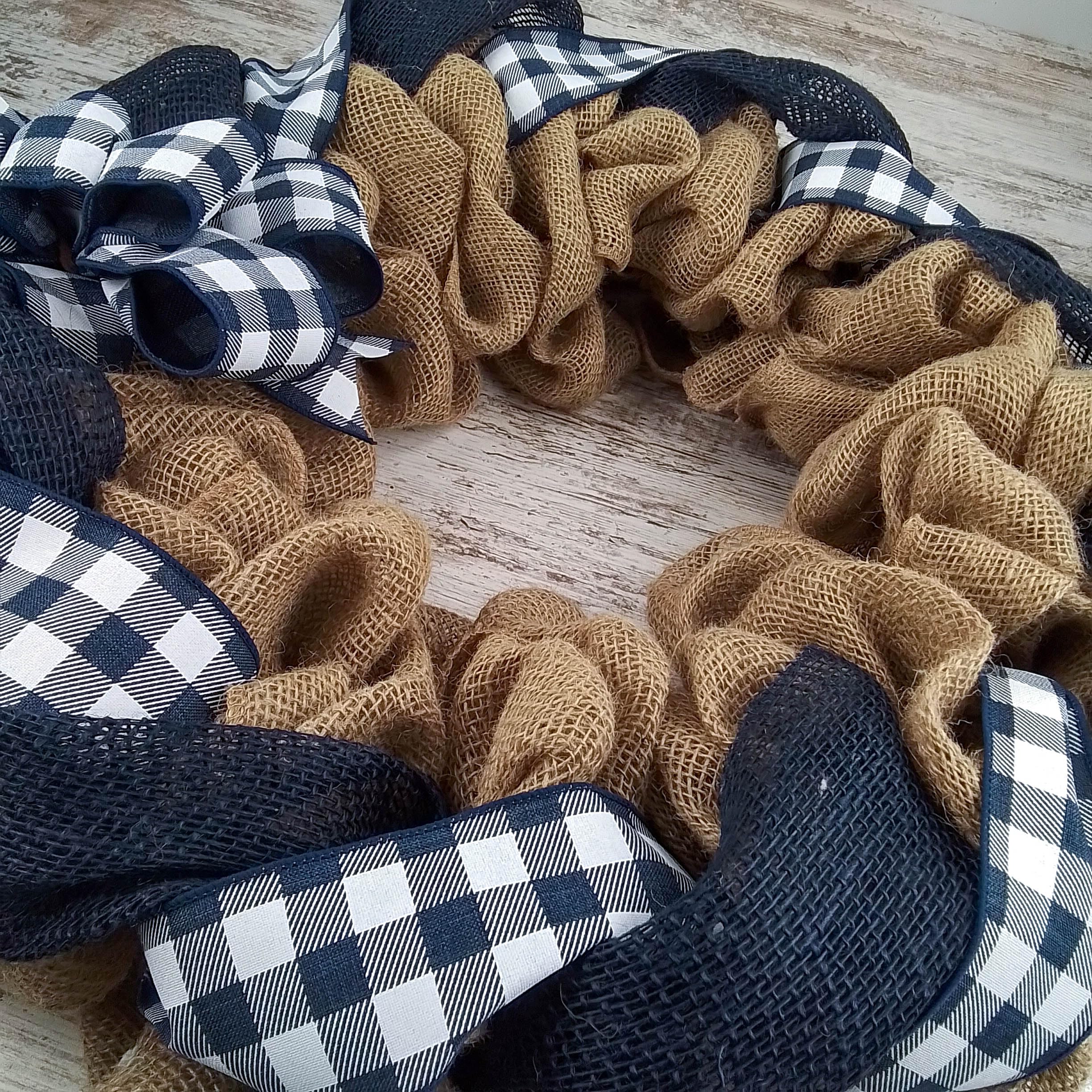 Buffalo Check Burlap Wreath for Front Door - Navy Blue & White Year Round Decor - Perfect Gift for Mom, Christmas, Thanksgiving & Home Entryway Decorations