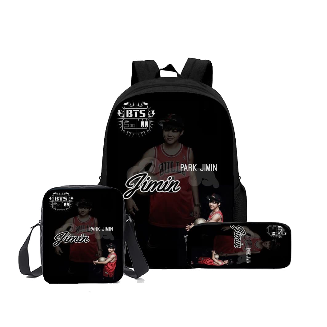 BTS Themed Casual Backpack for School, College & Office - 3-Size Combo with Lunch Box & Pencil Pouch (Black) | Perfect for Students, Work & Daily Commute