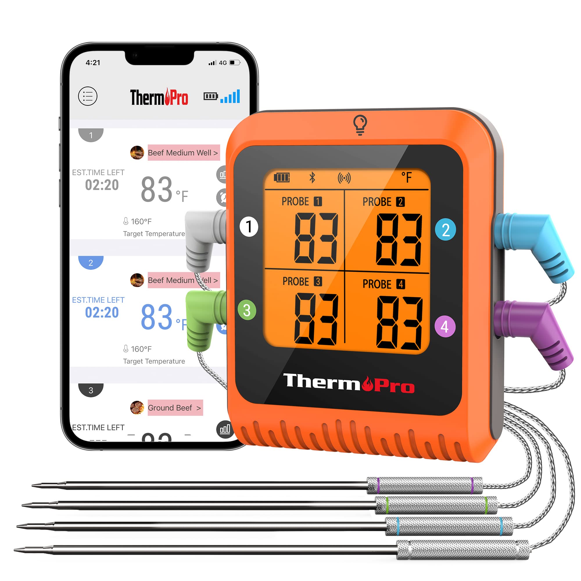 ThermoPro 650 ft Bluetooth Meat Thermometer with 4 Color-Coded Probes - Wireless Digital Cooking Thermometer with Timer & Rechargeable Battery - Perfect for Smoker, Oven, Grill, BBQ, and Commercial Kitchen Use