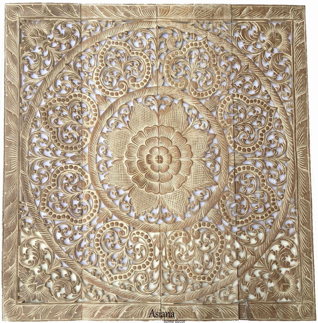Sacred Fig Leaf Wood Carved Headboard - Asian Wall Art Decor for Bedroom (48