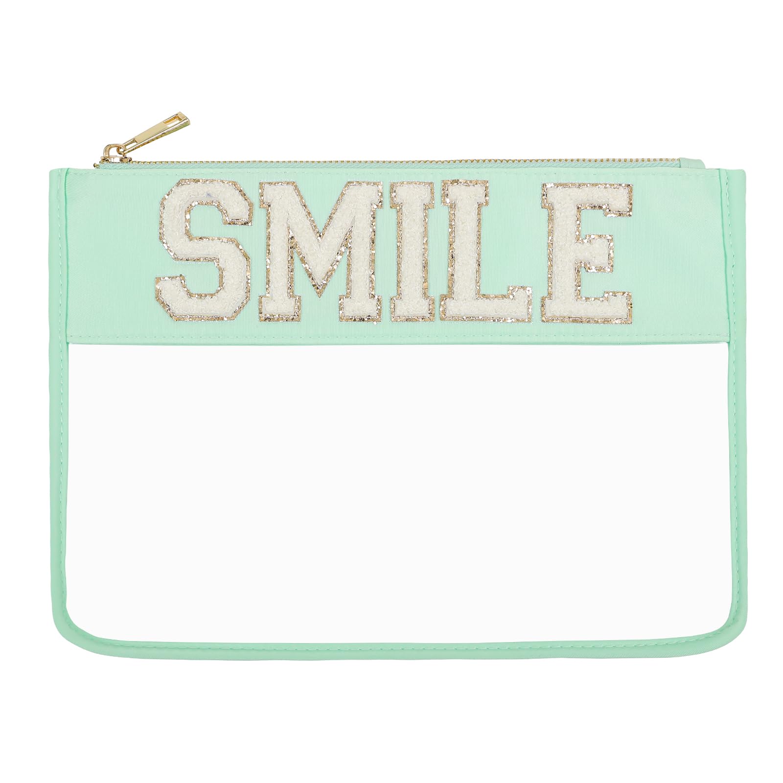 Glitter Chenille Clear Makeup Bag - Transparent Toiletry Travel Organizer with Nylon Zipper for Sunscreen, Cosmetics & Preppy Essentials (Mint Green) - Perfect for Women's Travel, Gym & Daily Beauty Storage