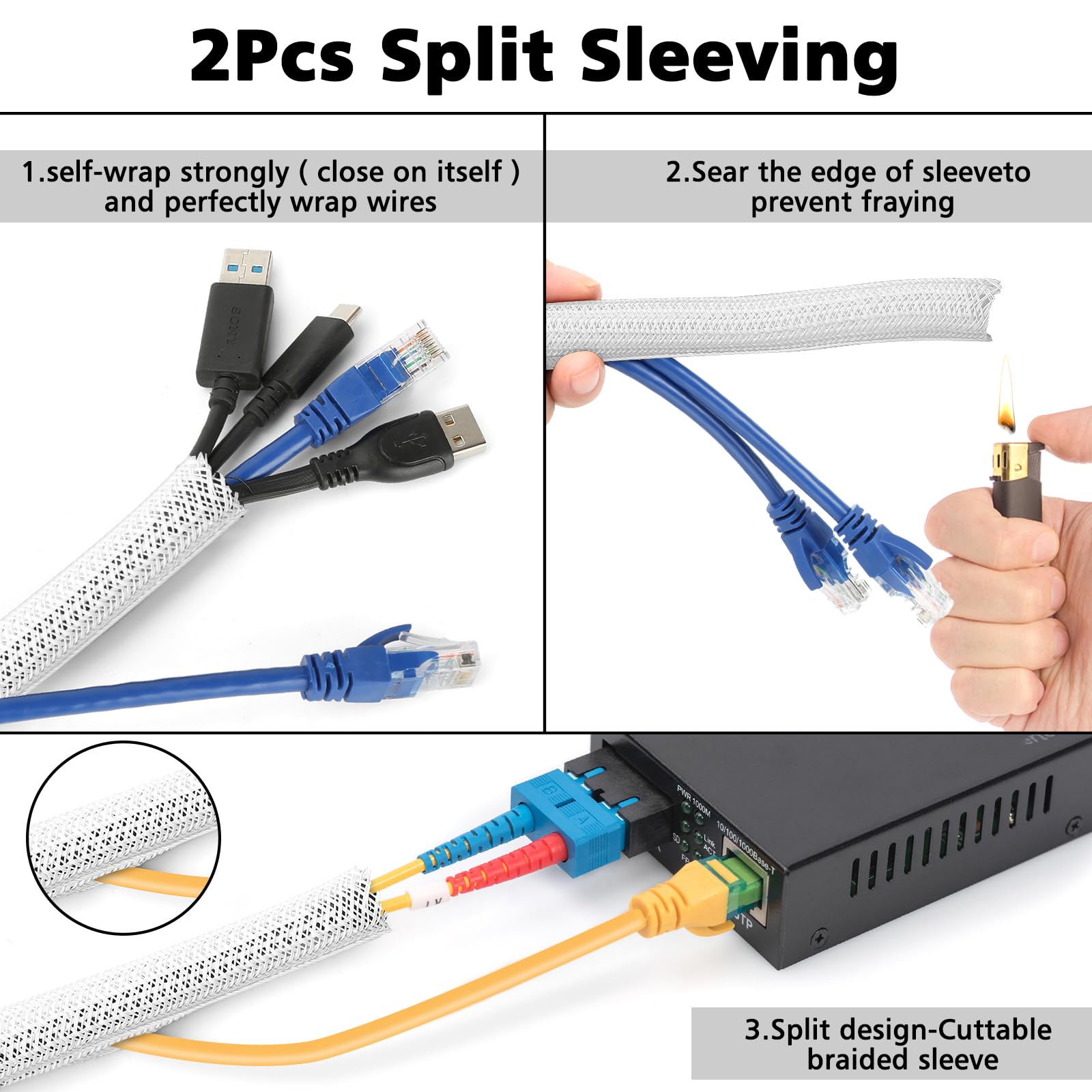 White Cable Management Organizer Kit - 2 Wire Sleeve Protectors, 41 Self-Adhesive Cable Clips, 10 Reusable Cable Ties + 2 Rolls, 100 Zip Ties for TV Computer Desk Cord Organization - Perfect for Home Office, Gaming Setup & Under Desk Wire Management