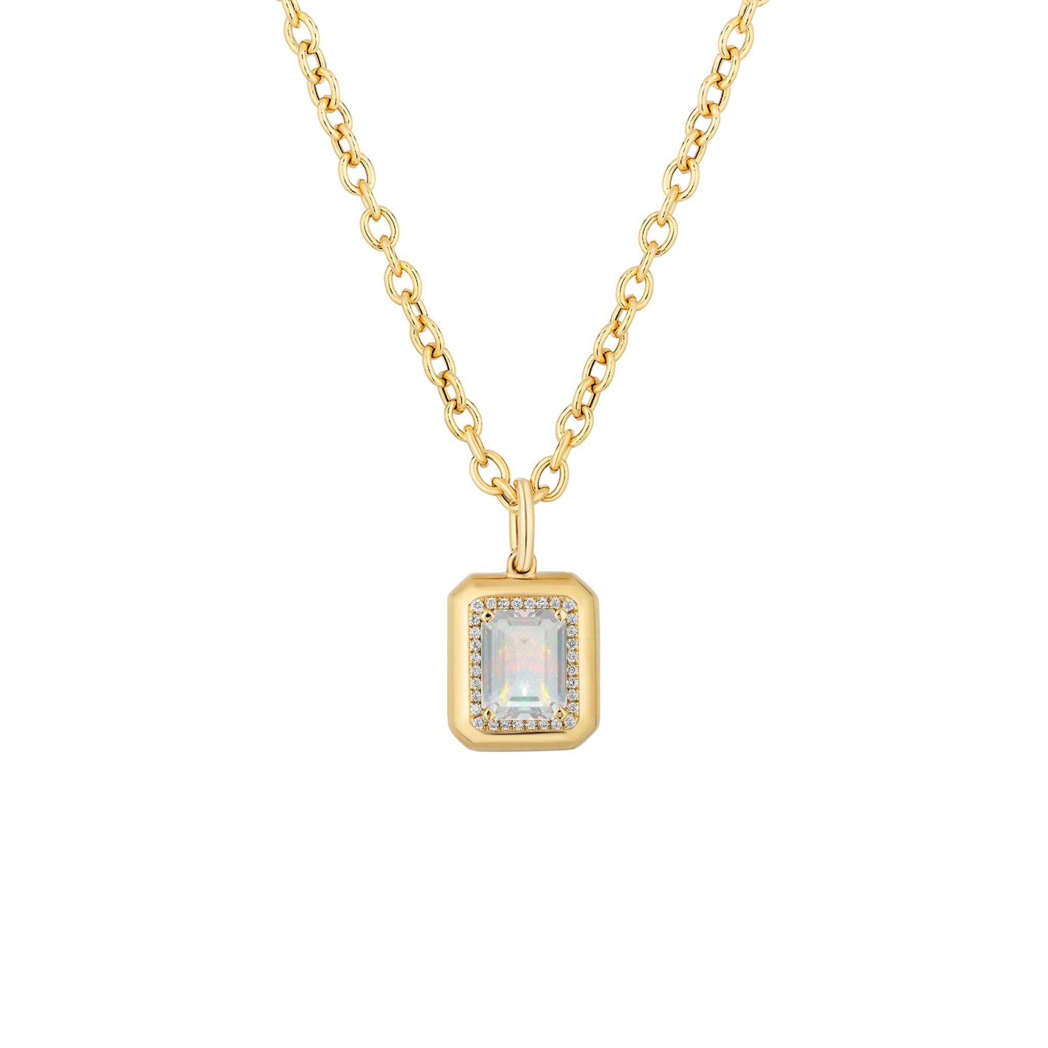 Goshwara Emerald Cut Opal & Diamond 18K Gold Pendant Necklace for Women - Elegant Jewelry Gift for Birthday, Anniversary & Special Occasions