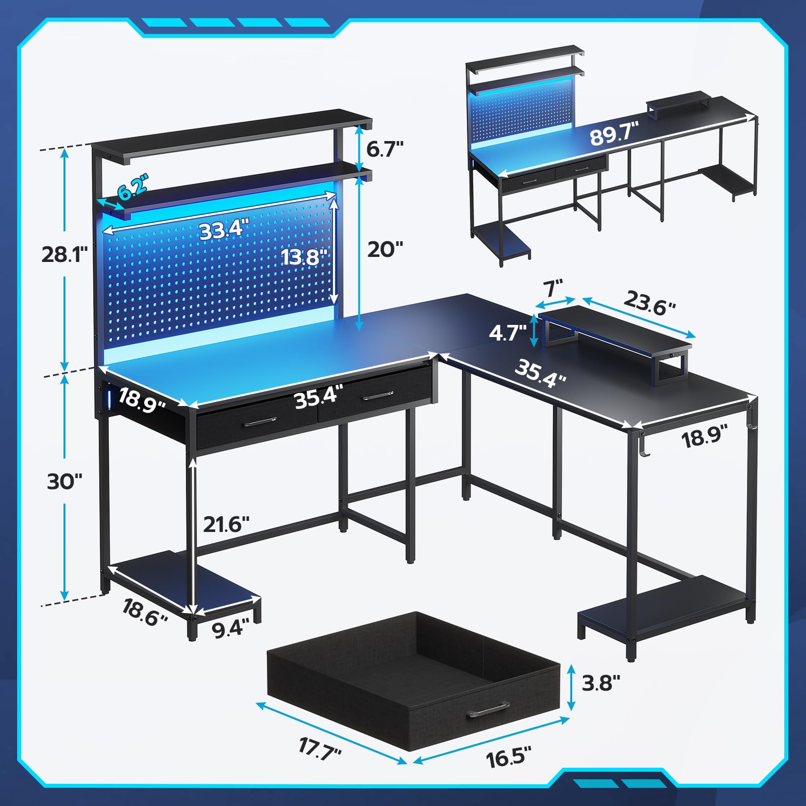 SEDETA L-Shaped Gaming Desk with LED Lights, Pegboard & Drawers - Ergonomic Computer Desk with Monitor Stand, Storage Shelves & Hutch - Black Corner Desk for Home Office, Streaming & PC Gaming Setup