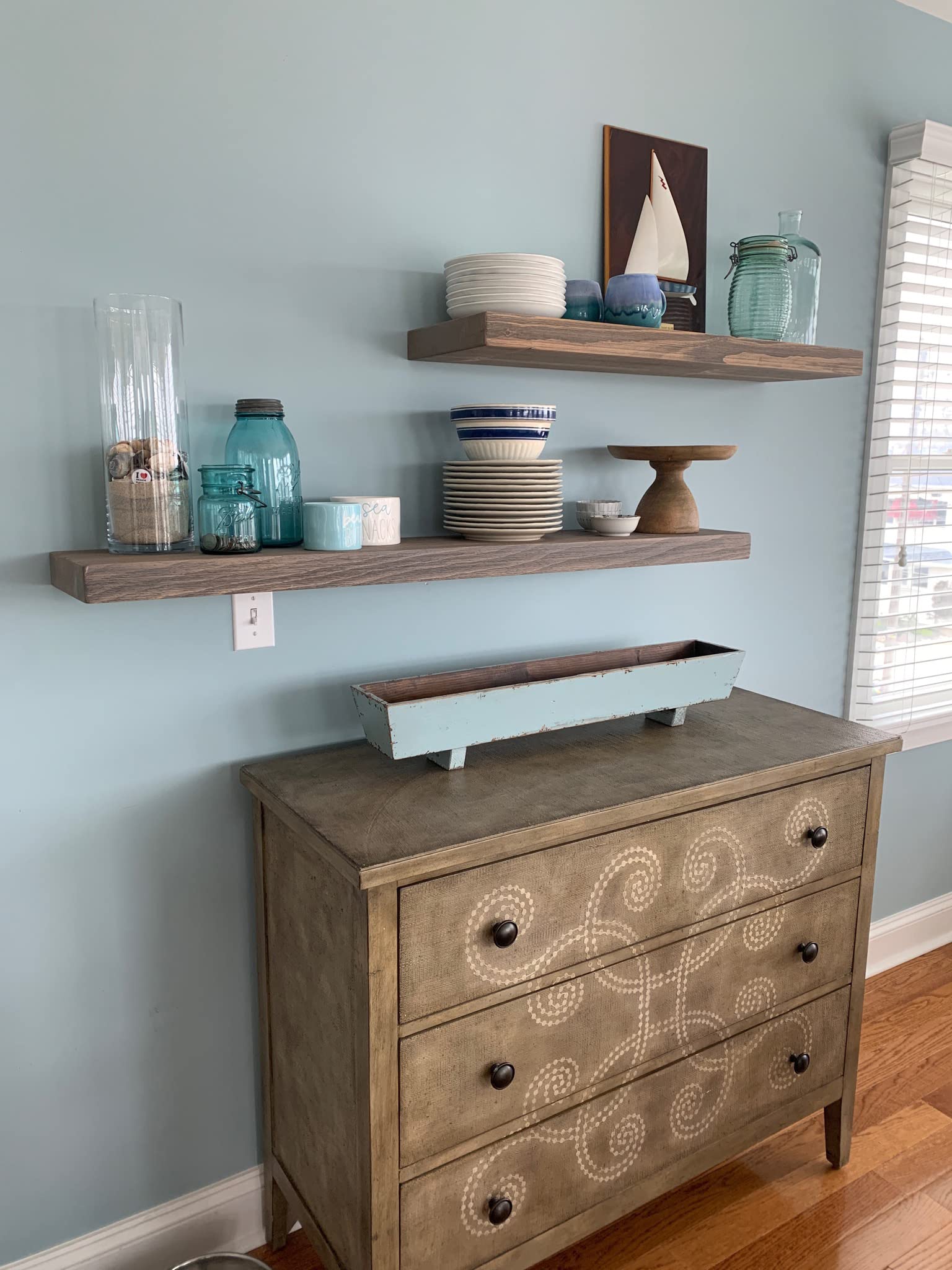 Joel's Antiques - 54 Inch Natural Wood Floating Shelves for Wall - Heavy Duty Rustic Wall Shelves - Perfect for Bedroom, Living Room, Kitchen Decor - Gray Wooden Shelf (54x6x2 Inches) - Ideal for Displaying Books, Photos, Plants and Home Decor Items