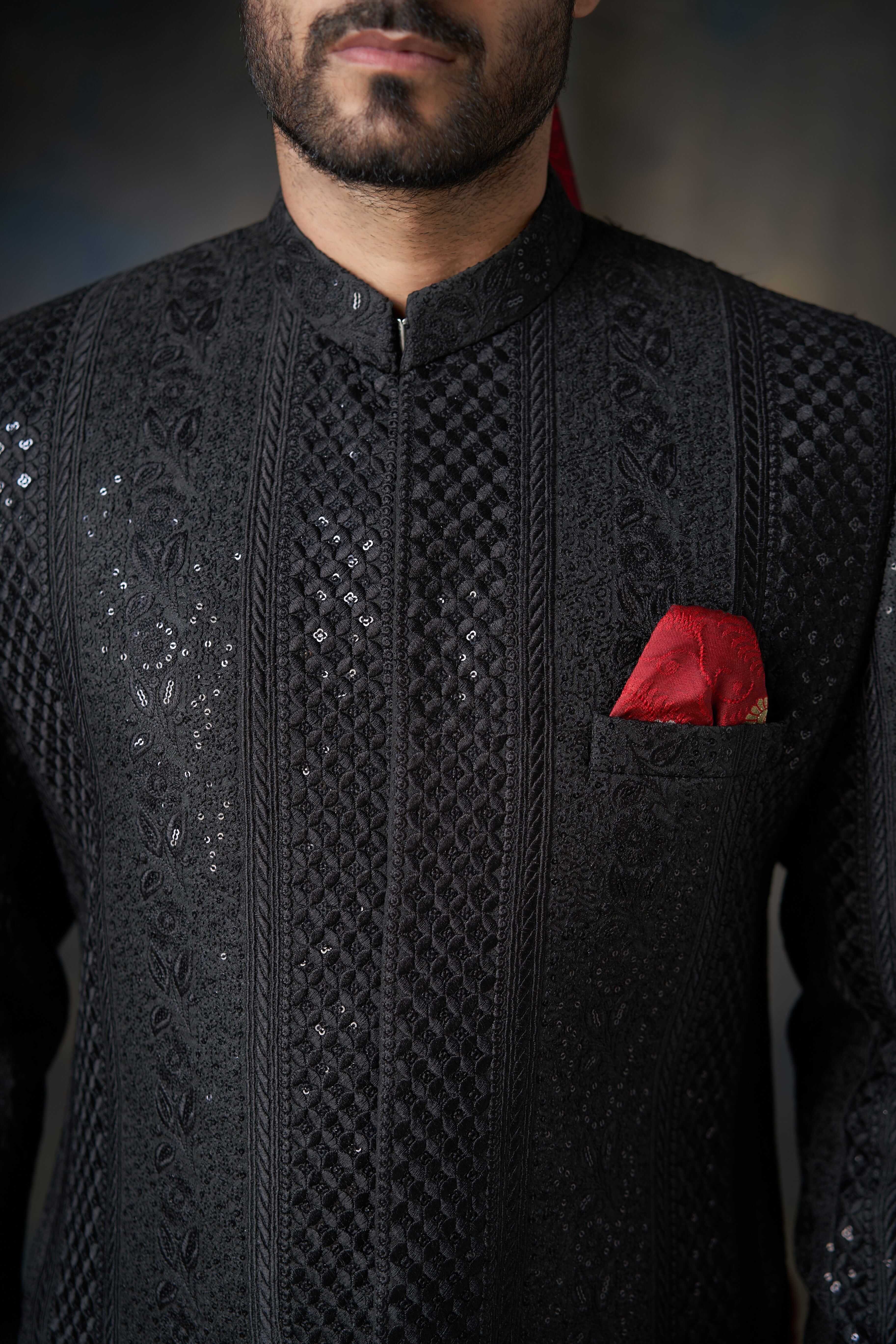 Jet Black All Sequins Raw Silk Sherwani for Men | Elegant Indian Wedding Attire | Perfect for Groom Outfit, Festive Occasions & Special Events