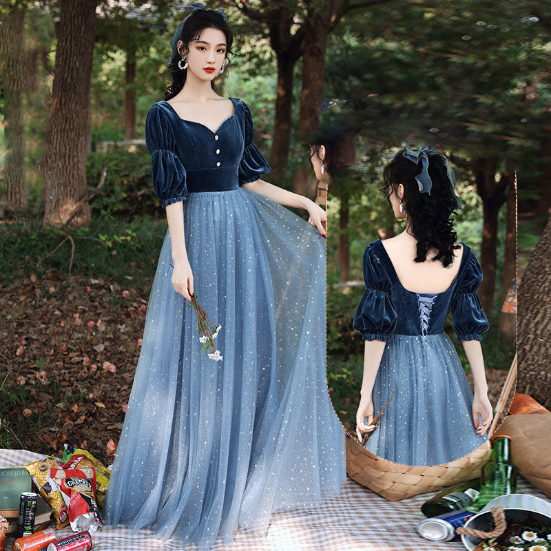 Elegant Blue Tulle Velvet Bridesmaid Dress - Long Formal Evening Gown for Weddings, Prom & Special Occasions | Plus Size 525