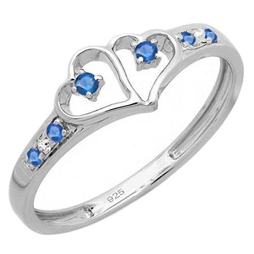 Dazzlingrock Round White Diamond & Blue Sapphire Sterling Silver Promise Ring for Women - Double Heart Love Engagement Ring - Perfect for Anniversaries, Proposals & Romantic Gifts