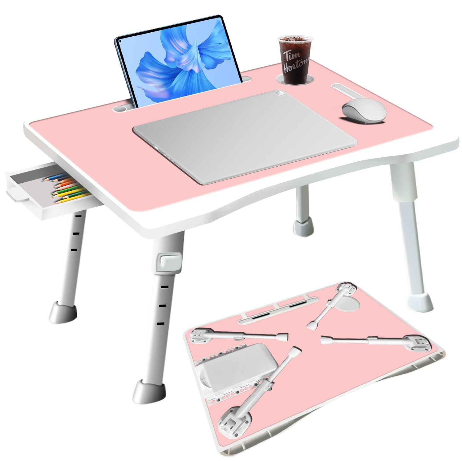 Adjustable Foldable Laptop Bed Desk with Storage Drawer - Portable Lap Desk for Writing, Working, Reading & Eating - Perfect for Home Office, Dorm Room & Bed Use