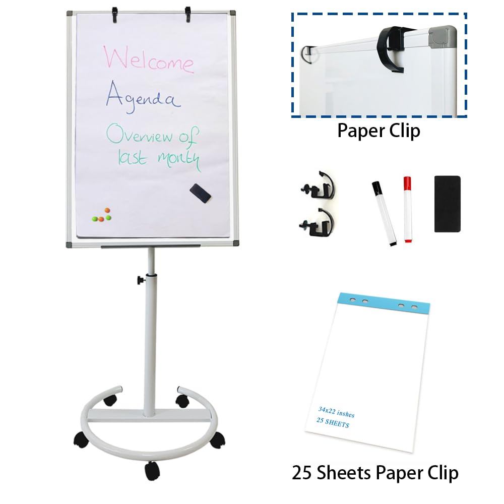 Adjustable Magnetic Dry Erase Board 36x24 Inches - Portable Whiteboard Stand with Easel & 25-Sheet Paper Pad - Vertical Hanging Whiteboard for Office, Classroom, Home (White Frame)