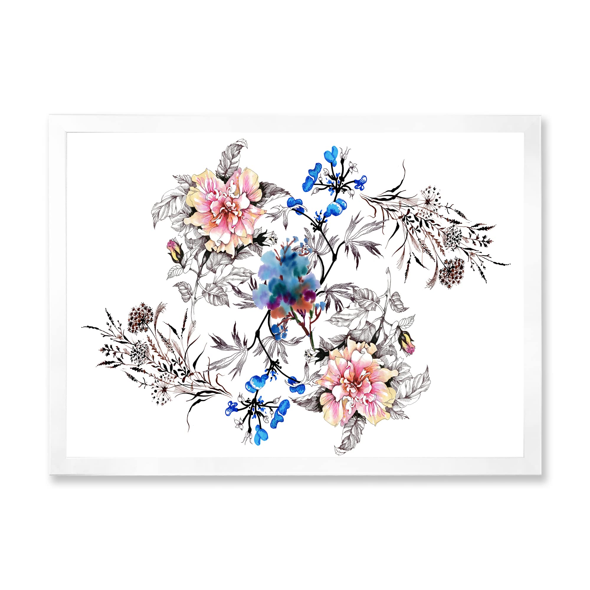 DesignQ Blue and Pink Wildflowers Traditional Framed Wall Art - Vintage Floral Canvas Painting for Living Room, Bedroom & Office Decor