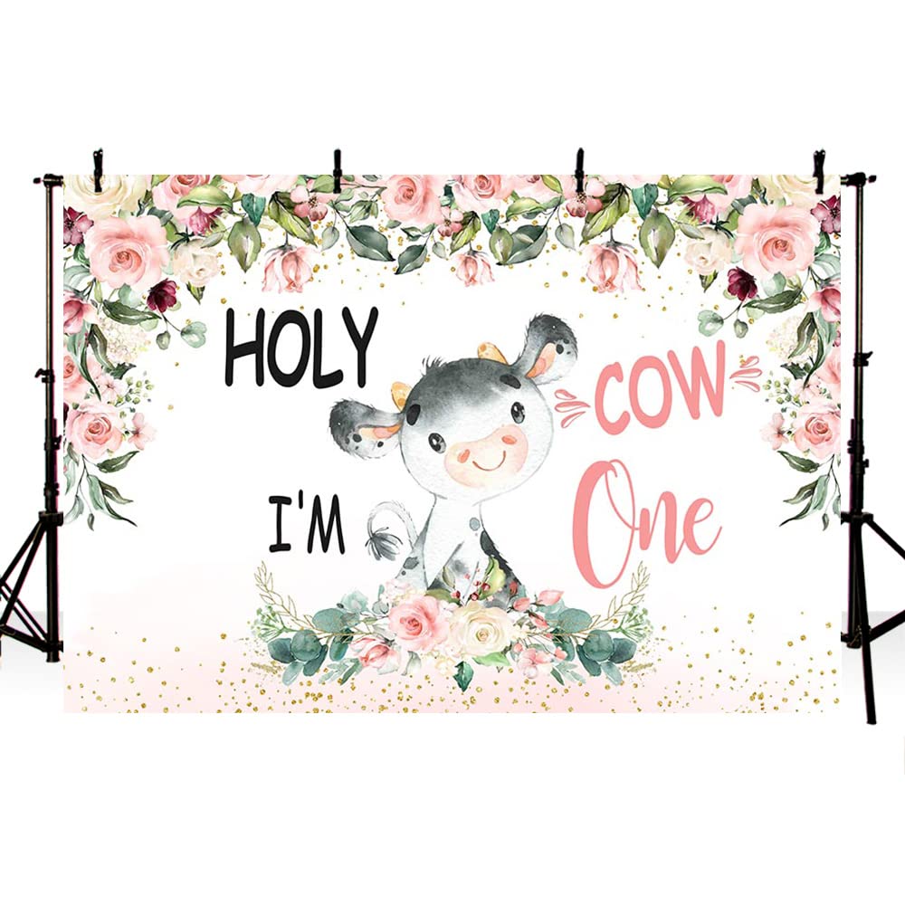 MEHOFOND 7x5ft Pink Floral Cow Girl Happy 1st Birthday Backdrop - Holy Cow I'm One Photography Background with Confetti for Cake Smash, Party Decor, Photobooth Studio Prop - Durable Vinyl Banner for Birthday Celebrations & Photo Shoots