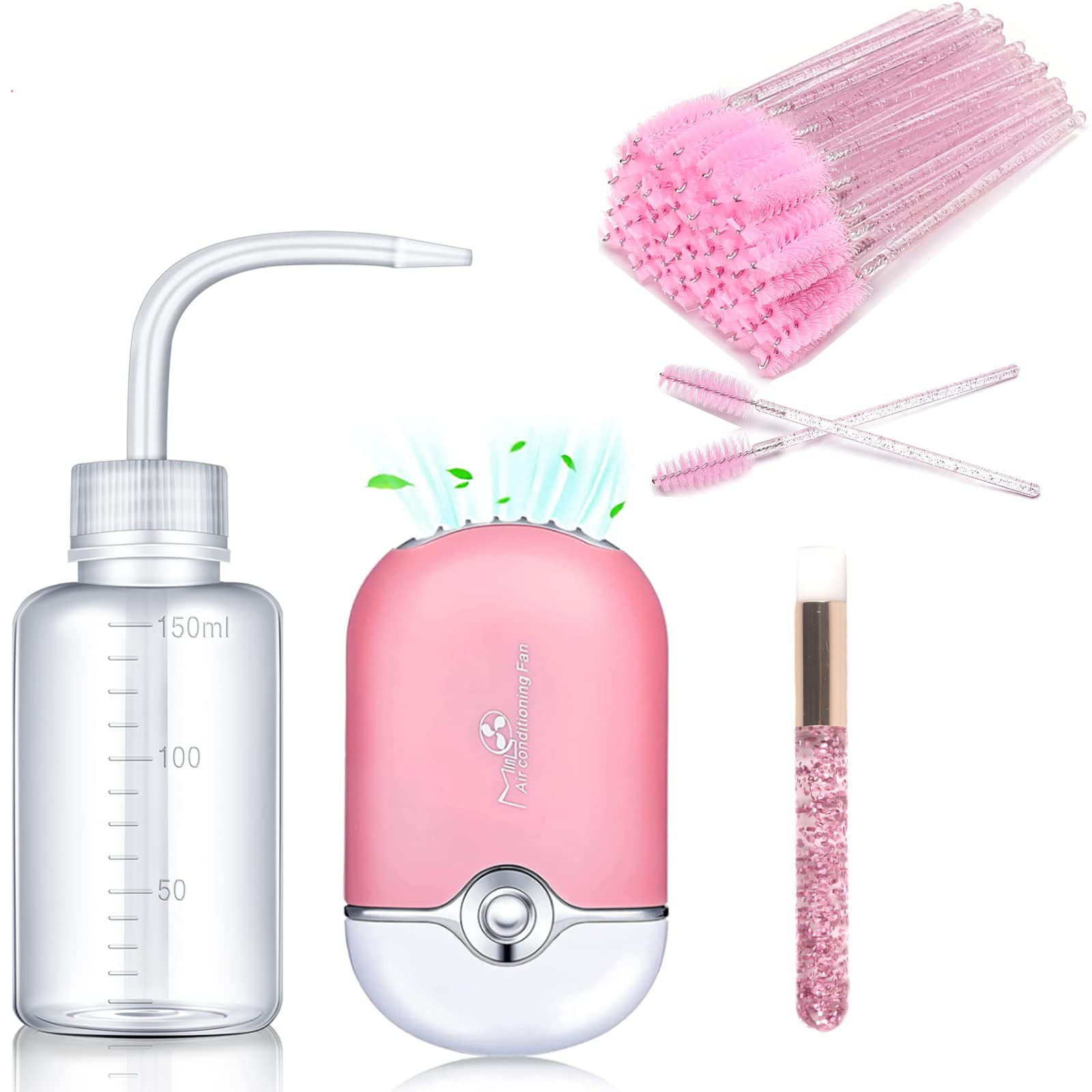 Professional Eyelash Extension Kit with USB Air Blower Fan, 50 Lash Shampoo Brushes, Blackhead Facial Cleaning Brush & Pink Plastic Wash Bottle - Perfect for Salon, Spa & Home Lash Care