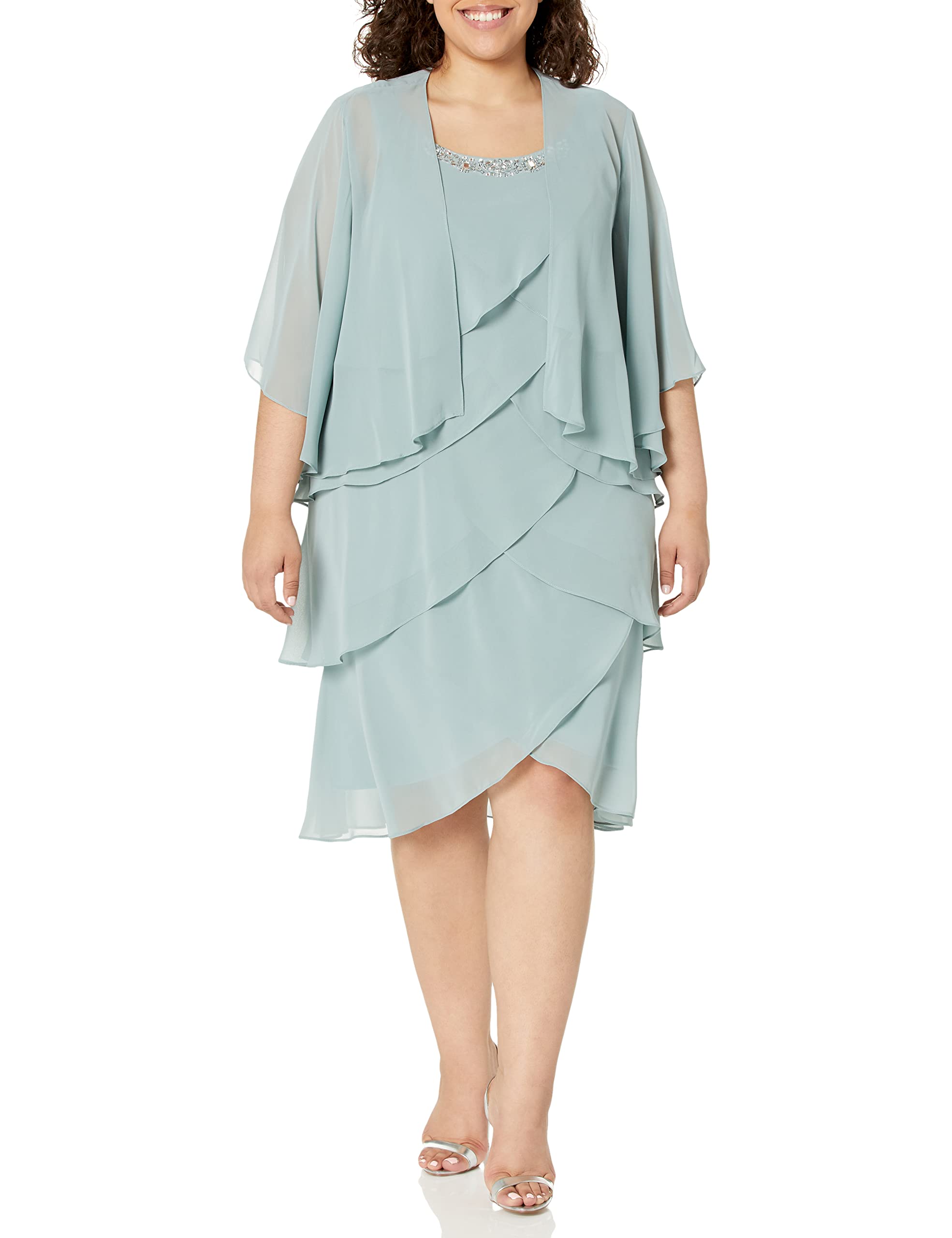 S.L. Fashions Women's Plus Size Chiffon Tier Jacket Dress with Bead Neck - Elegant Flowy Dress for Weddings, Parties & Special Occasions