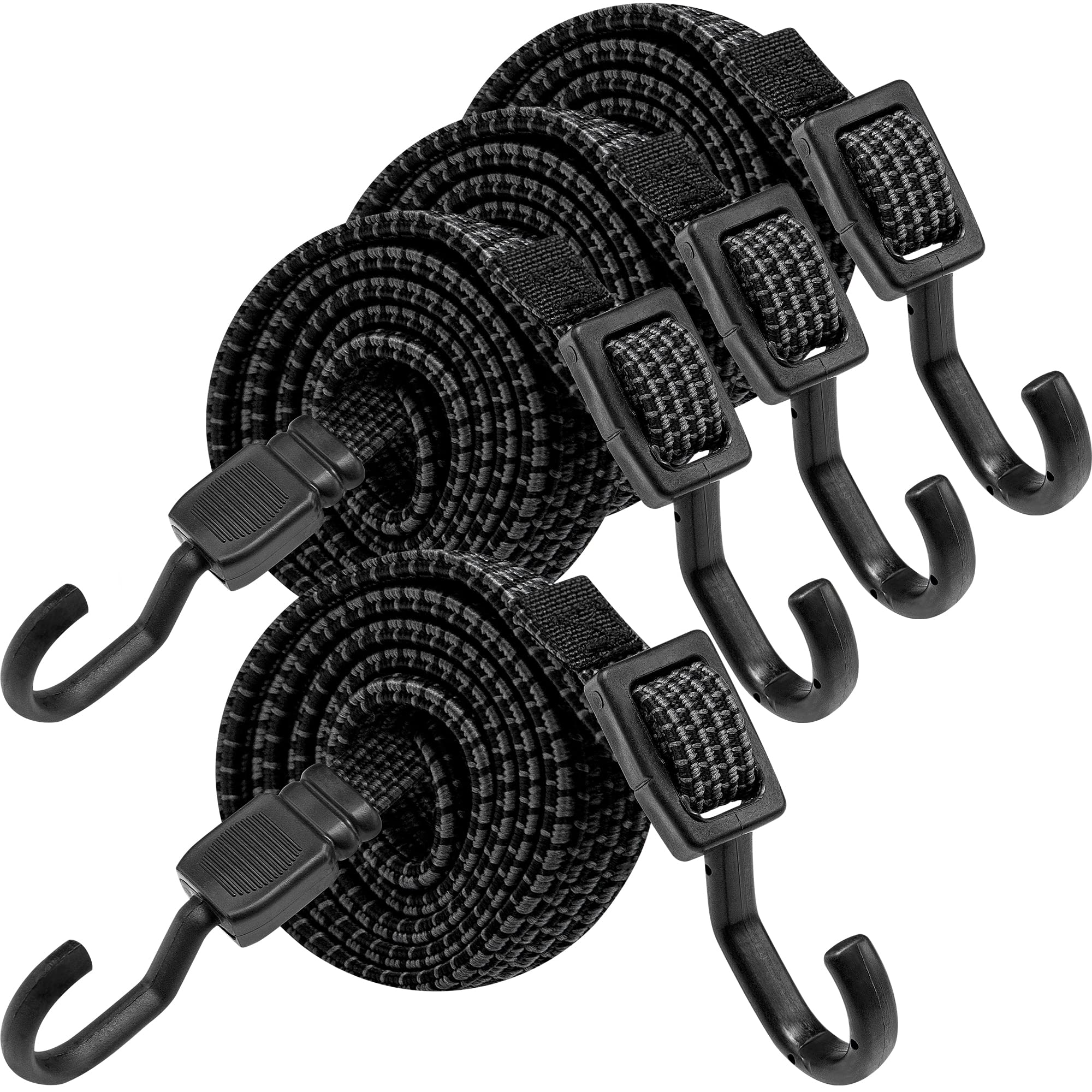 Heavy Duty Adjustable Bungee Cords with Hooks - 60 Inch Black Rubber Straps with Buckle Hooks (4 Pack) - Perfect for Outdoor Camping, Tarps, Bike Racks, Tents, Trucks & Cargo Securing