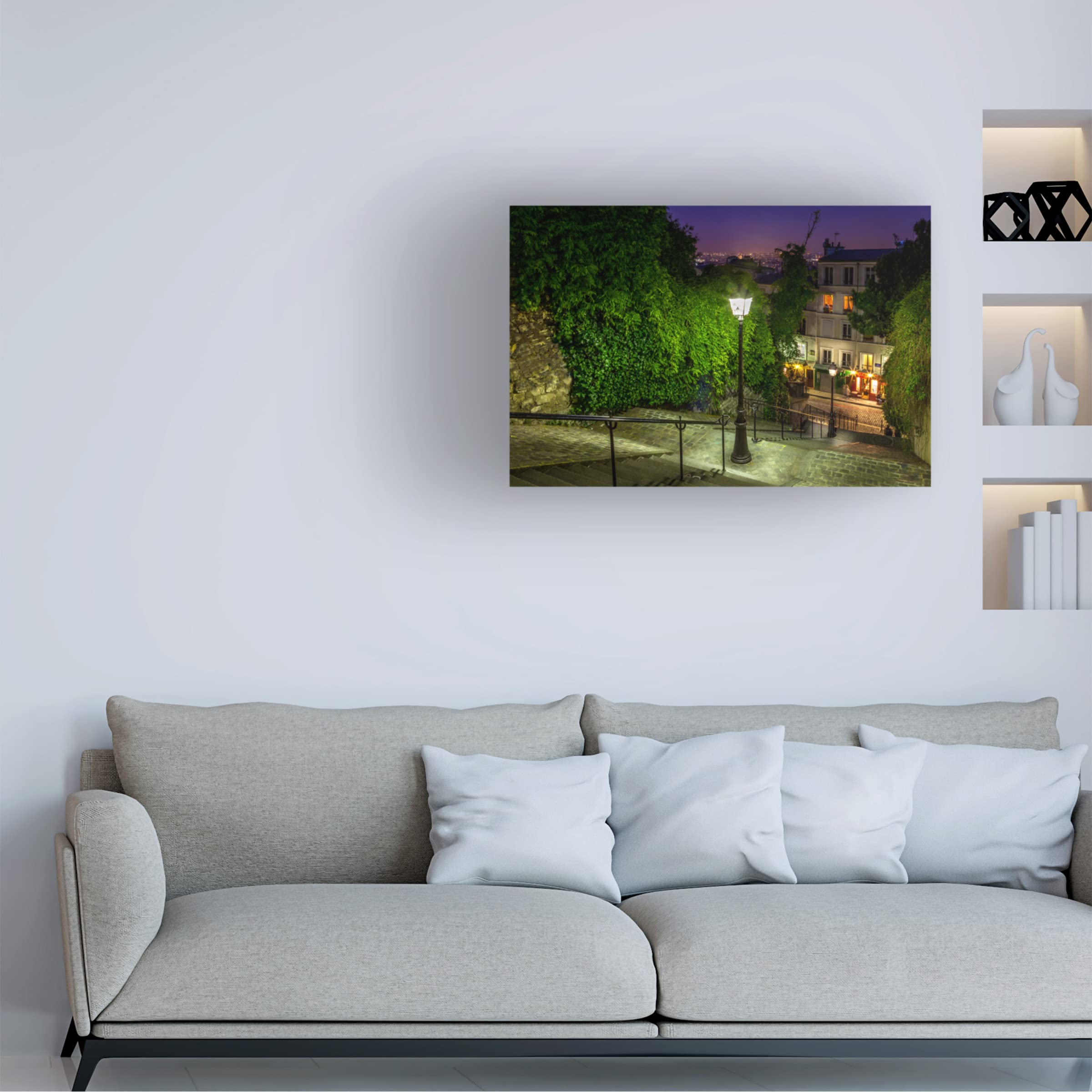 Trademark Fine Art 'Montmartre Steps' by H.J. Herrera - Stretched Canvas Wall Art Decor for Living Room, Bedroom & Office - Parisian Street Scene Painting