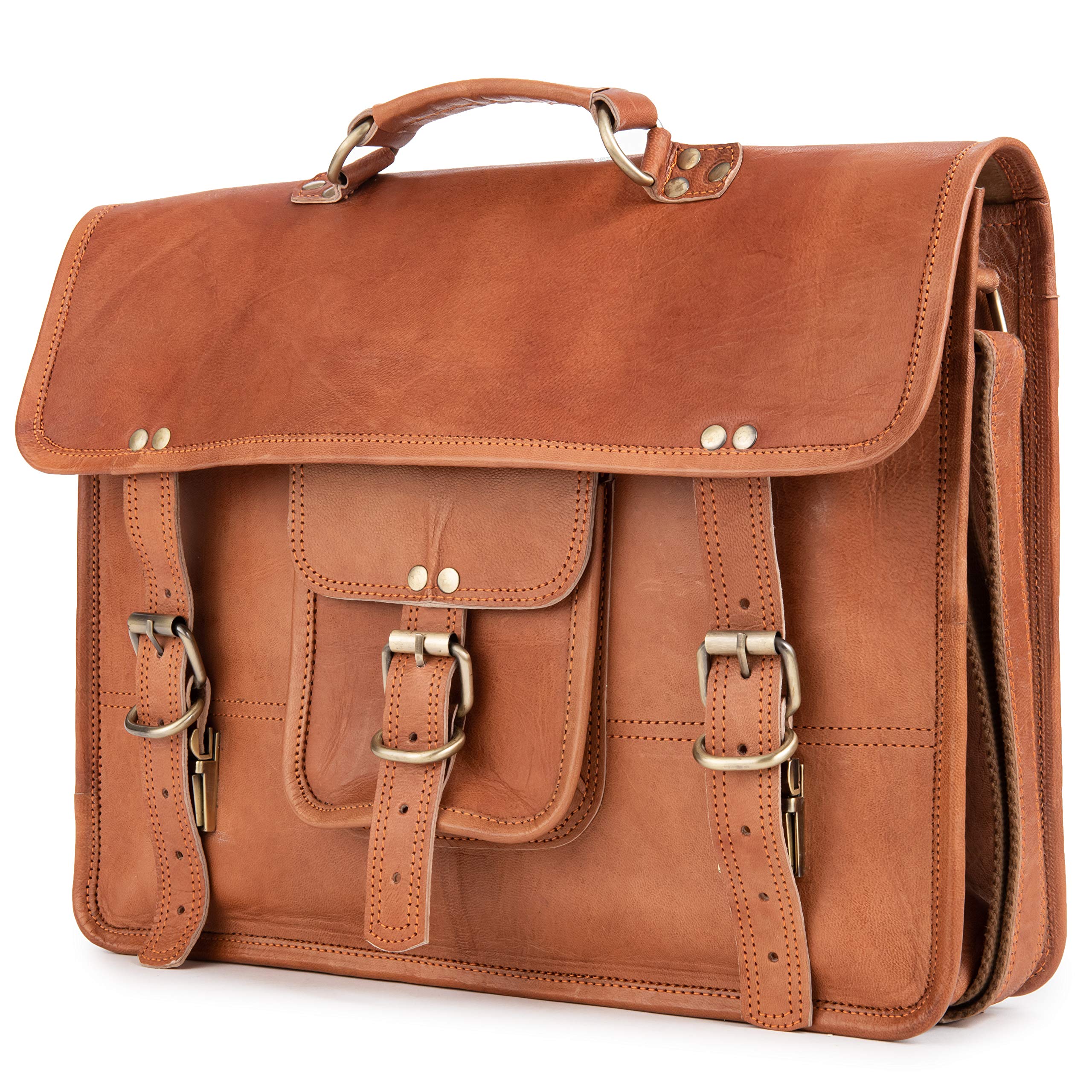 Vintage Genuine Leather Messenger Bag for Men & Women - Berlin M & L Size Laptop Briefcase Work Bag - Durable Brown Leather Office Bag for Business, Travel & Daily Commute