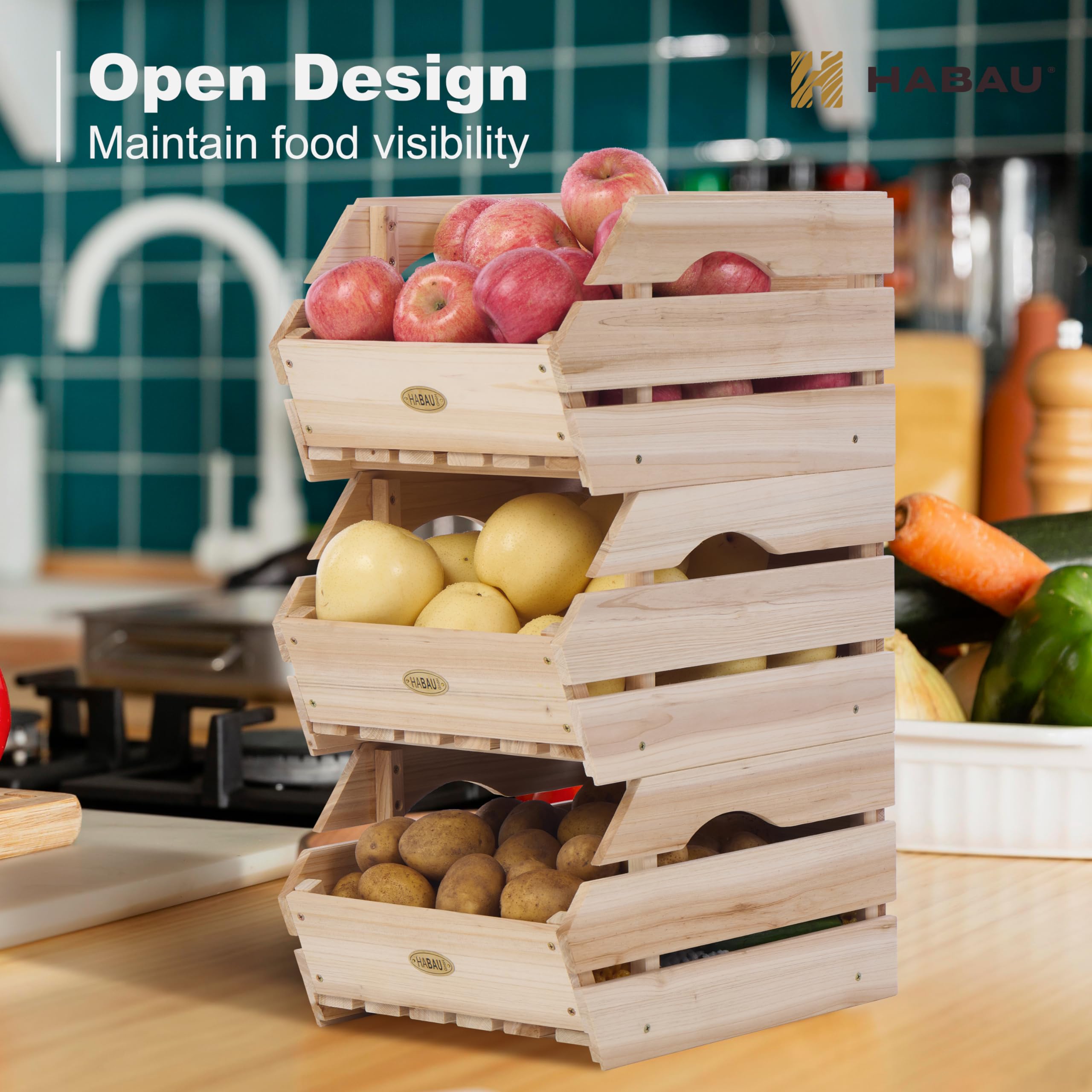Stackable Wooden Potato Onion Storage Bins - 3-Piece Set for Kitchen Pantry Organization, Perfect for Storing Fruits and Vegetables - Ideal for Home, Restaurant, and Grocery Store Use