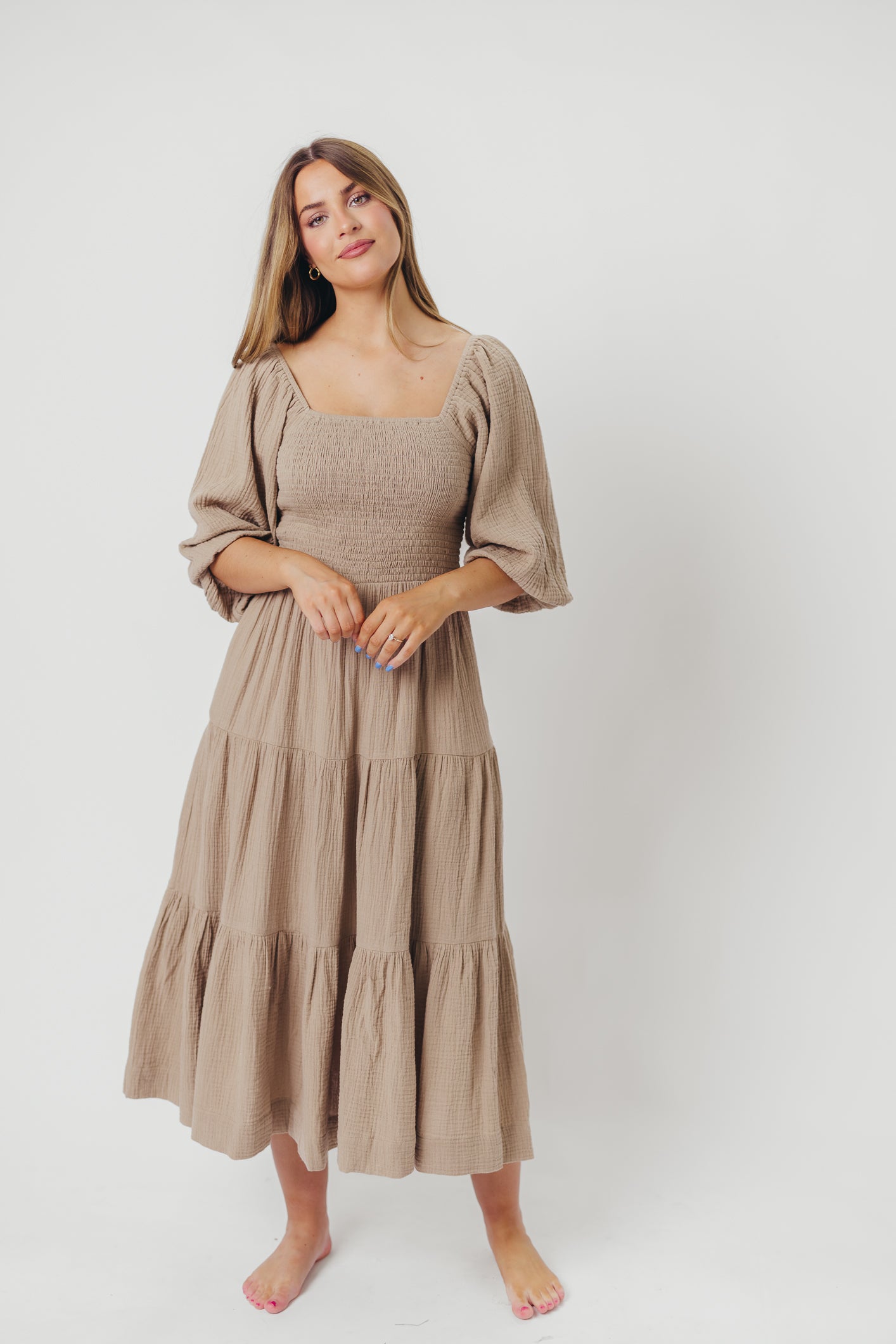 Taylor Cotton Smocked Midi Dress with Tiered Skirt in Pumice - Inclusive Sizing (XS-3X) | Flowy Summer Dress for Women | Perfect for Beach Vacations, Brunch Dates & Garden Parties