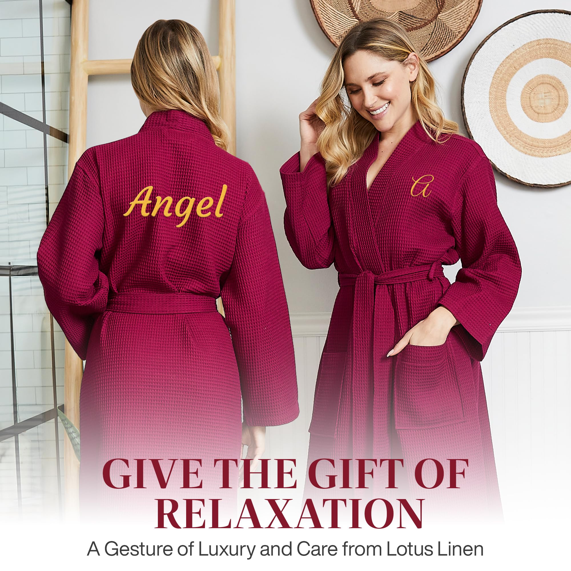 Lotus Linen Women's Lightweight Waffle Weave Robe - Soft Long Cotton Bathrobe & Kimono Spa Robe for Relaxation, Bathing, and Lounging at Home