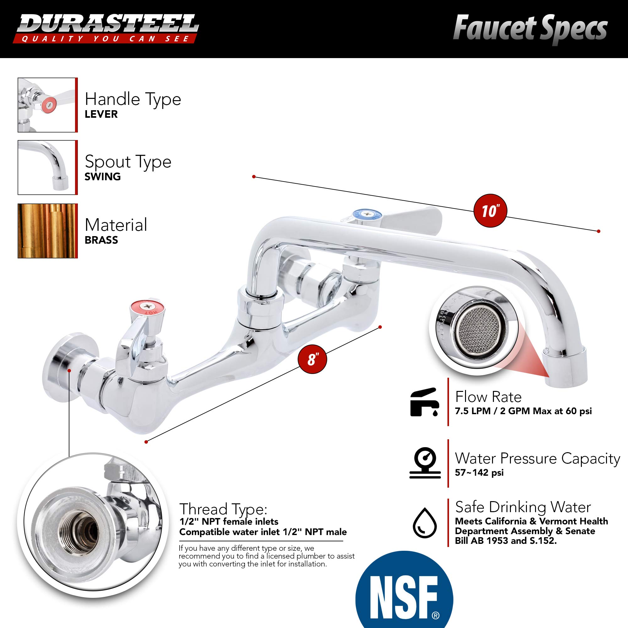 DuraSteel NSF Certified Commercial Stainless Steel Triple Bowl Kitchen Sink with Faucet - 15