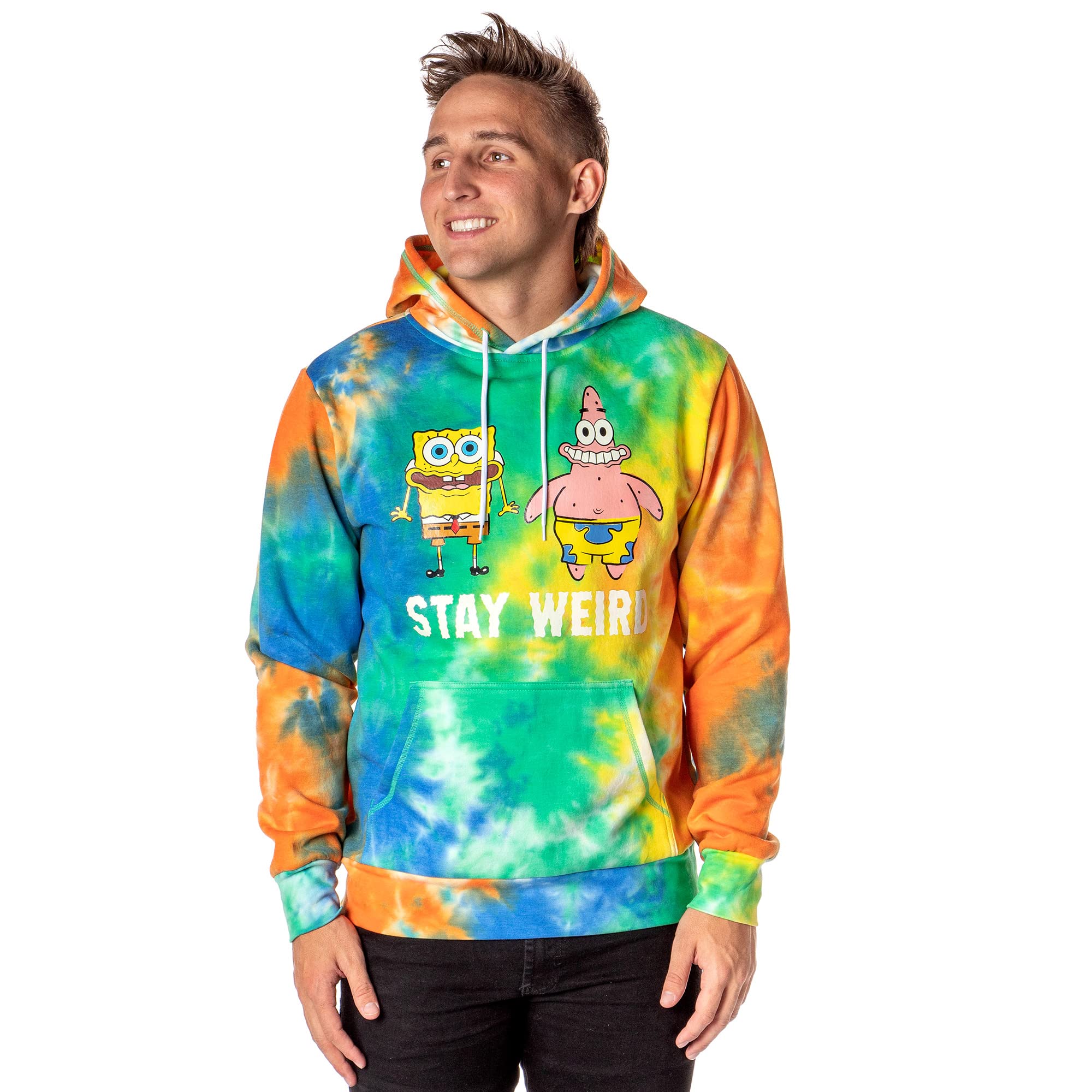 Mad Engine SpongeBob SquarePants Men's Tie-Dye Pullover Hoodie - Patrick & SpongeBob Stay Weird Design | Casual Wear, Cosplay, Gift for Fans | Perfect for Halloween, Comic Con & Everyday Outfits