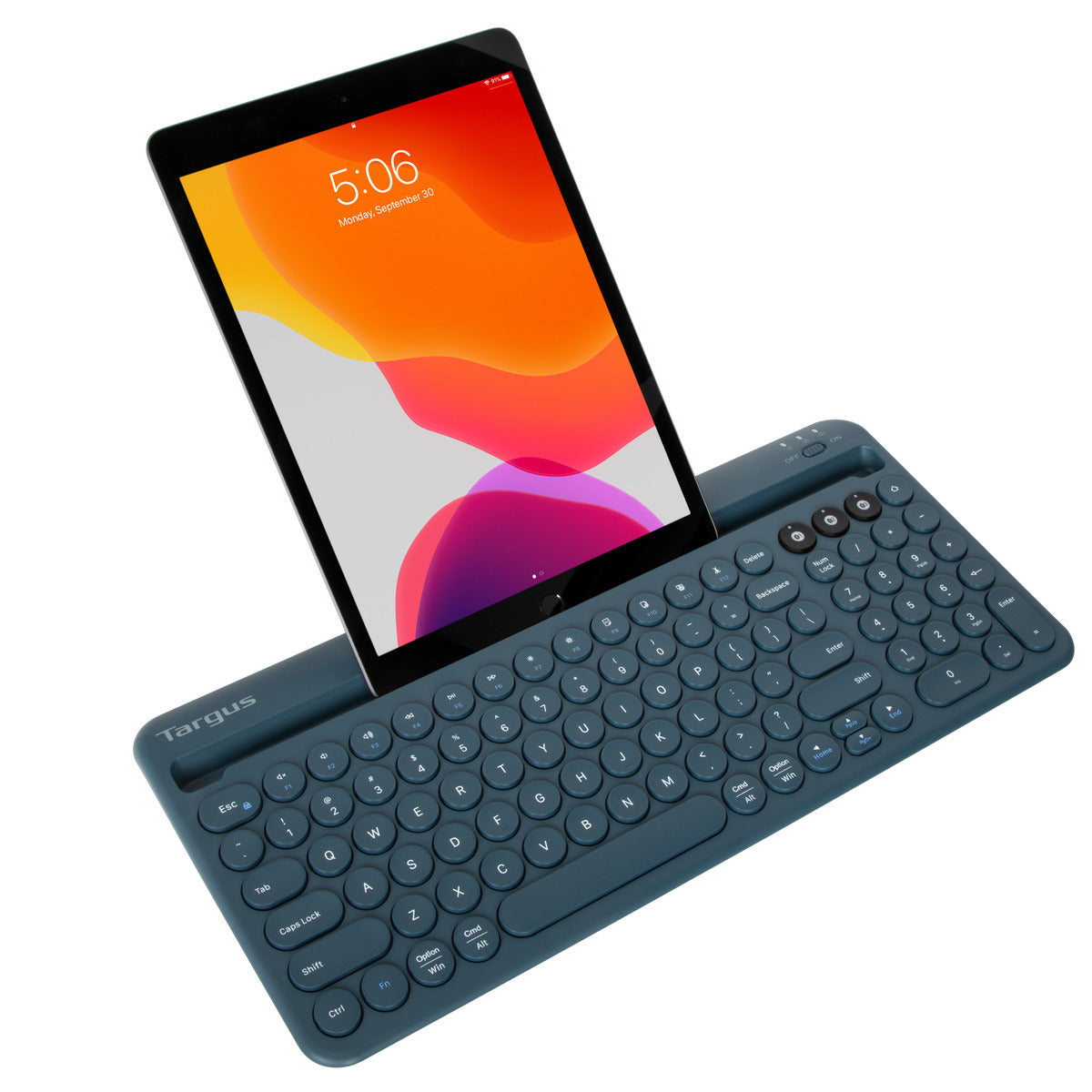 Multi-Device Bluetooth® Antimicrobial Keyboard with Tablet & Phone Holder - Wireless Keyboard for iPad, iPhone, Android - Blue | Perfect for Office, Home & Travel Use
