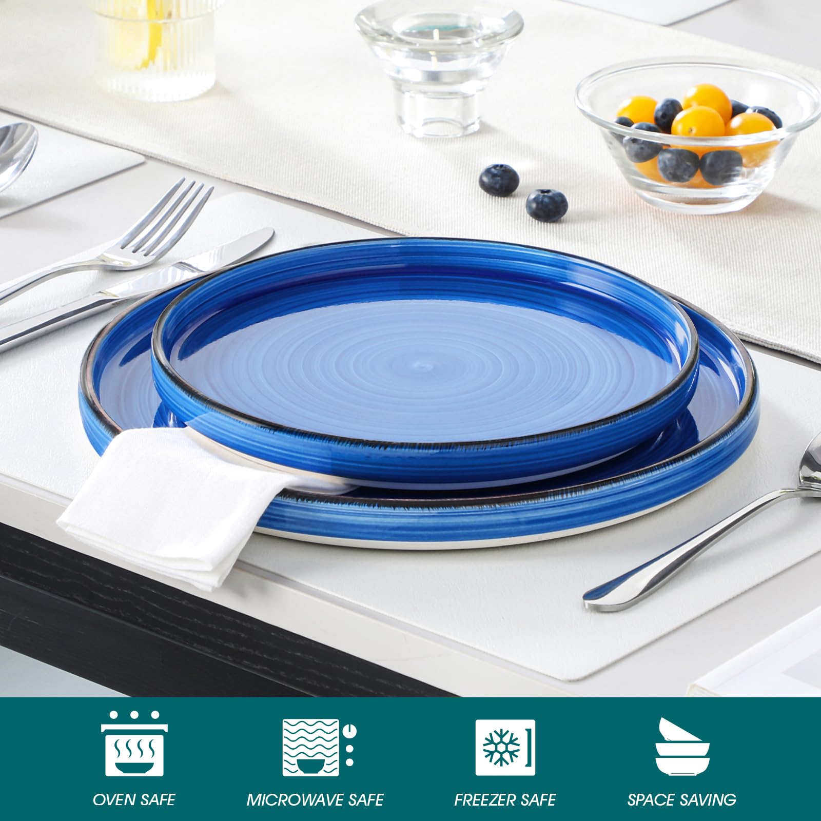 Vancasso Bonita 10.5 Inch Ceramic Dinner Plates Set of 6 - Microwave, Oven & Dishwasher Safe Large Dinnerware Plates for Kitchen, Dining Room & Restaurant Use - Elegant Blue Tableware for Everyday Meals & Special Occasions