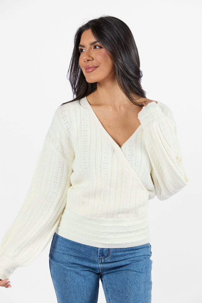With Love Ivory Wrap Pointelle Sweater for Women - Cozy Knit Pullover for Fall & Winter - Perfect for Casual Outfits, Dates, and Office Wear