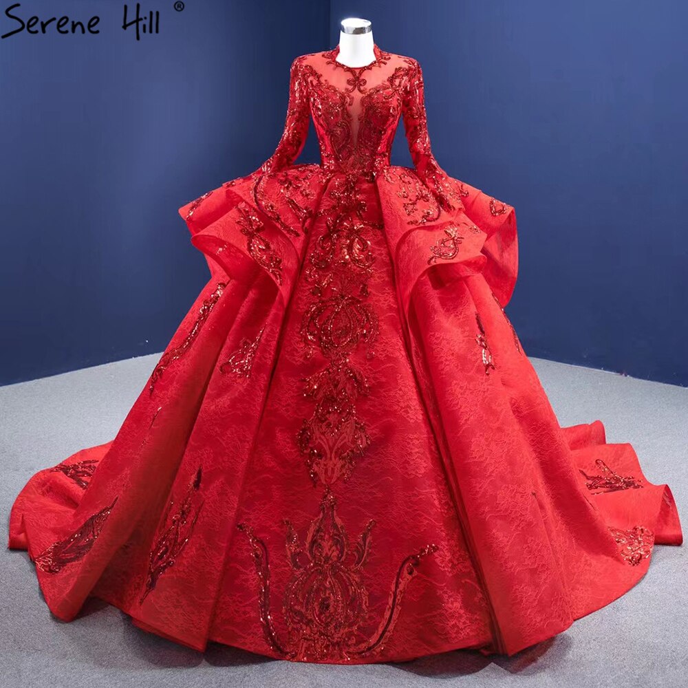Luxury Custom Made Muslim Wedding Dress 2025 - Sparkle Red Ruched Lace Bride Gown HM67298 | Elegant Islamic Ceremony & Formal Occasion Wear