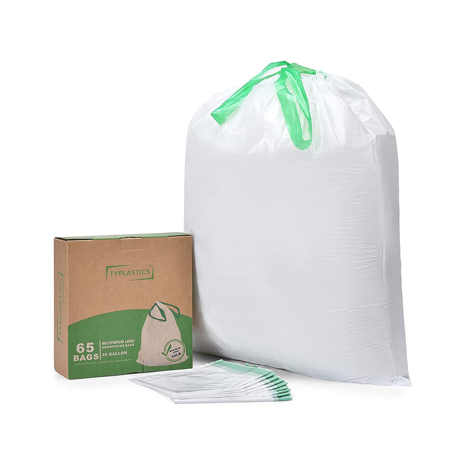 TYPLASTICS 30 Gallon Heavy Duty Drawstring Trash Bags - 65 Count, Extra Thick & Leak Proof for Kitchen, Office, Yard Waste - Multipurpose Garbage Bags for Home & Commercial Use