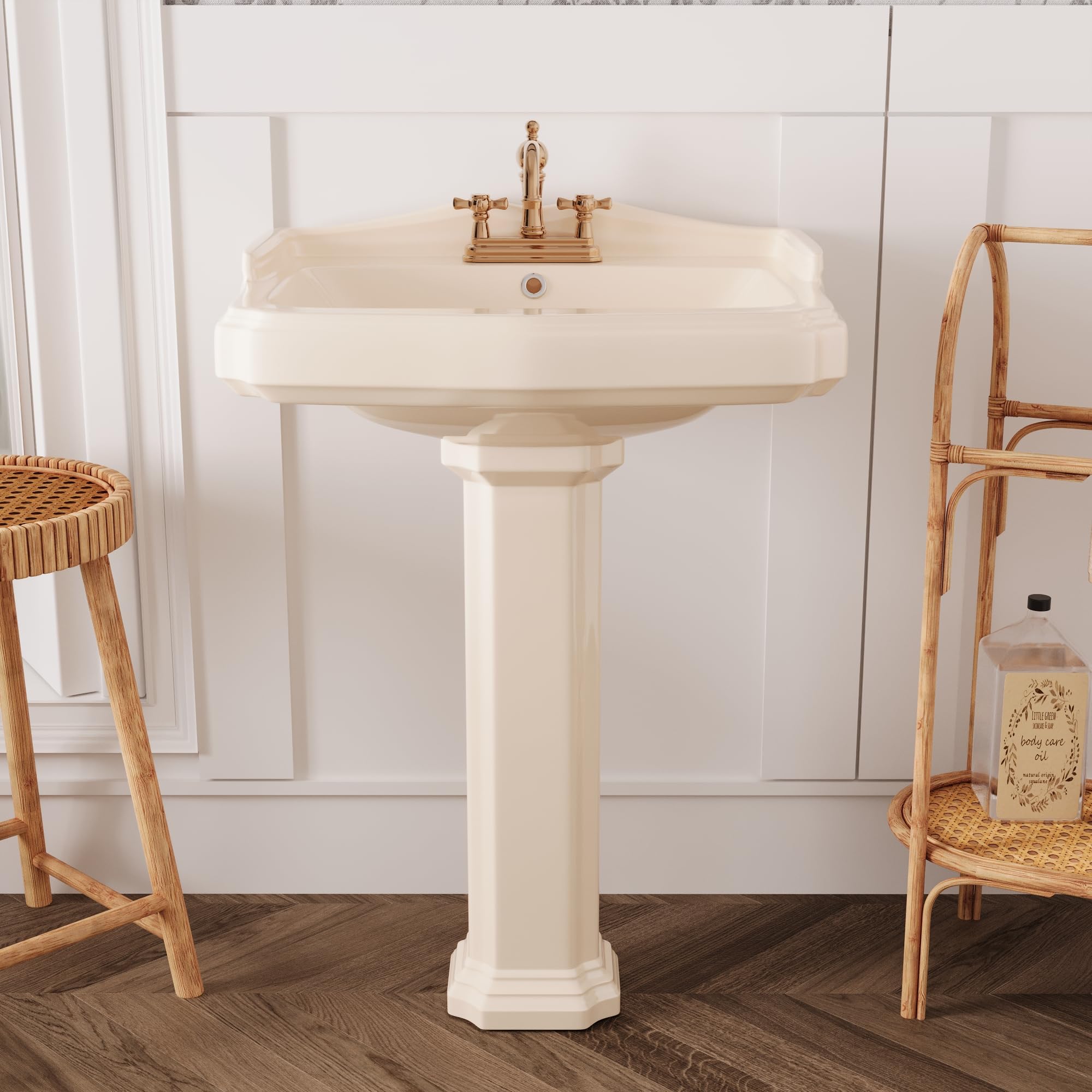 DeerValley 23x19 Inch Ceramic Pedestal Bathroom Sink with Overflow & 3 Faucet Holes - Modern Vanity Basin for Powder Room, Guest Bath or Master Bath Installation
