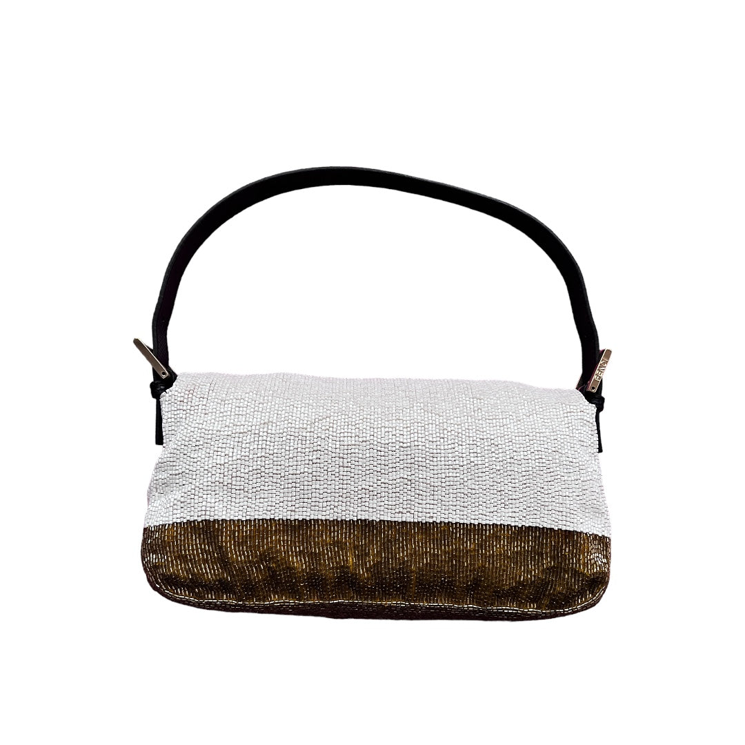 Elegant White & Gold Beaded Baguette Bag - Perfect for Evening Parties, Weddings, and Special Occasions