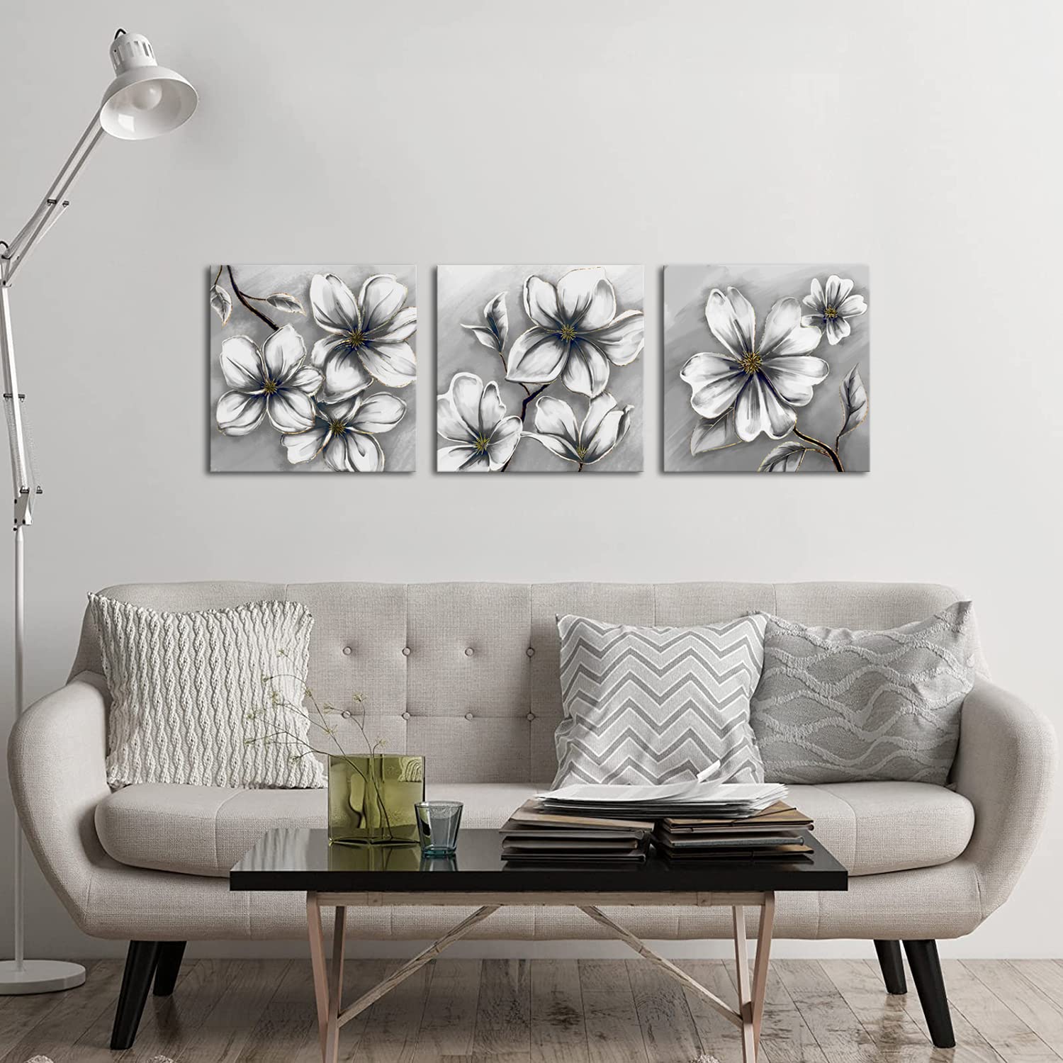 Fushvre 3-Panel Grey Magnolia Flower Canvas Wall Art - Modern Floral Painting for Living Room, Bedroom & Office Decor - Stretched & Ready to Hang - Perfect for Home, Wedding Gift & Interior Design