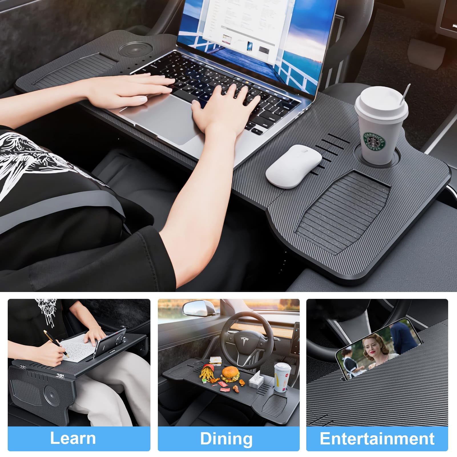 2025 Upgraded Foldable Car Laptop Desk for Tesla Model Y & 3 - Portable Steering Wheel Tray Table for Eating, Working & Camping | Perfect for Road Trips, Remote Work & Outdoor Adventures