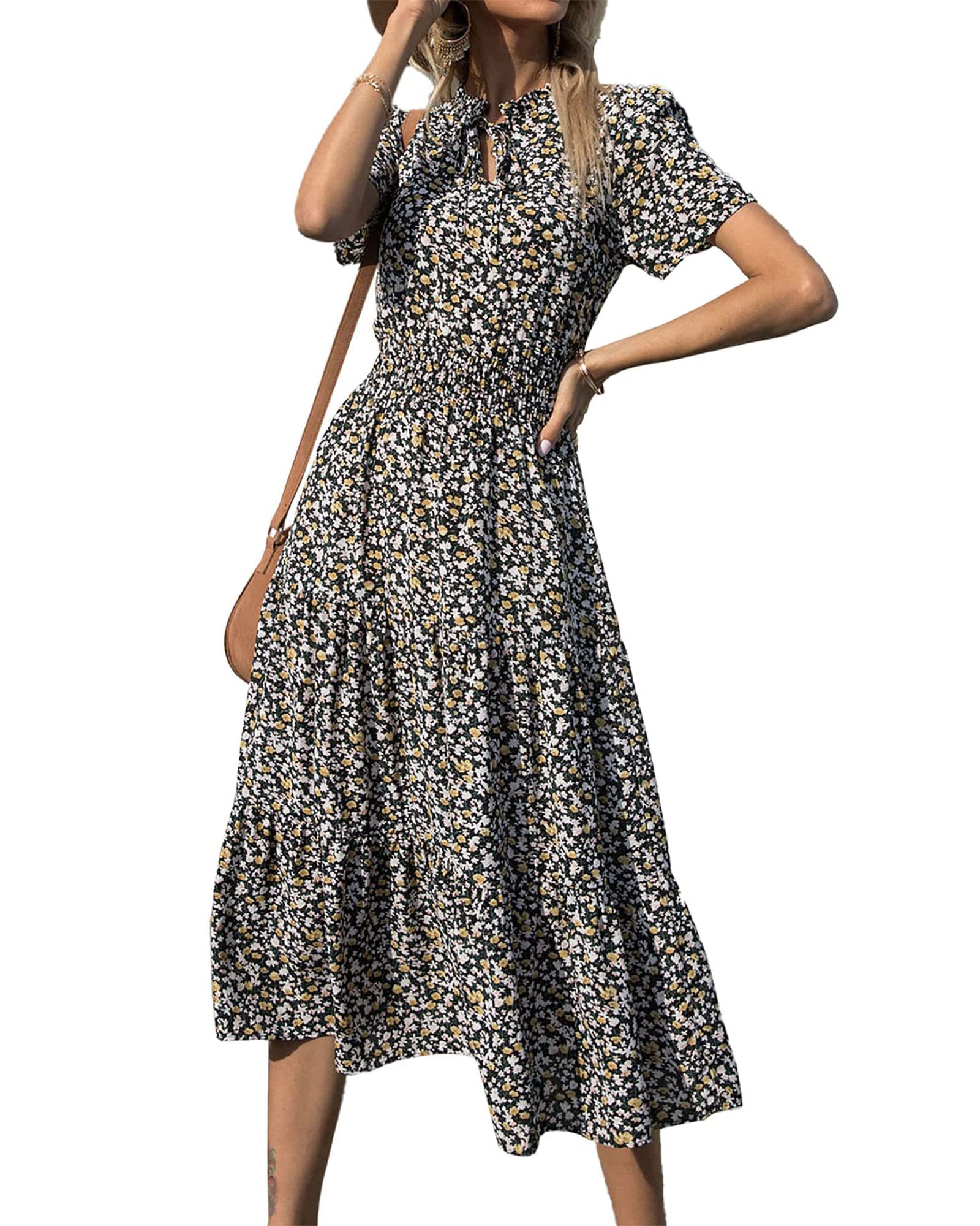 BTFBM Women's 2023 Summer Floral Boho Dress - Casual V-Neck Short Sleeve Midi Dress with Elastic Waist, A-Line Beach Dress for Vacation, Party & Outdoor Activities