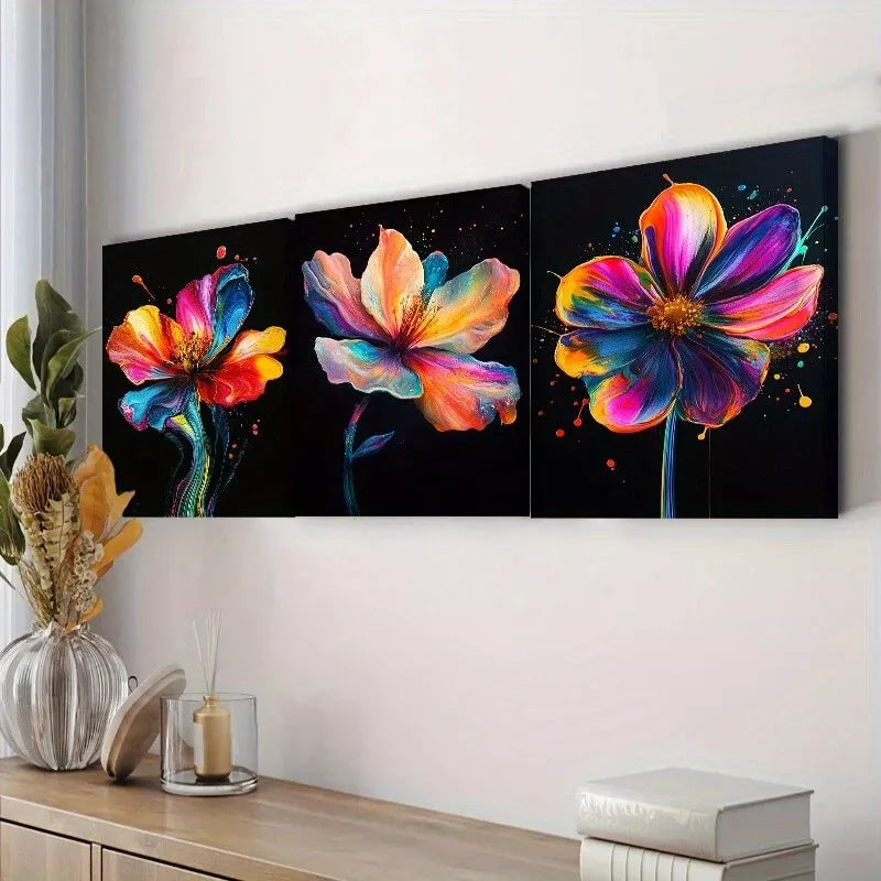 3-Piece Colorful Flower Black Background Wall Art Set - Framed Canvas 40x60cm (16x24in) | High Quality Print | 100% Australian Made | Ready to Hang | Perfect for Living Room, Bedroom & Office Decor