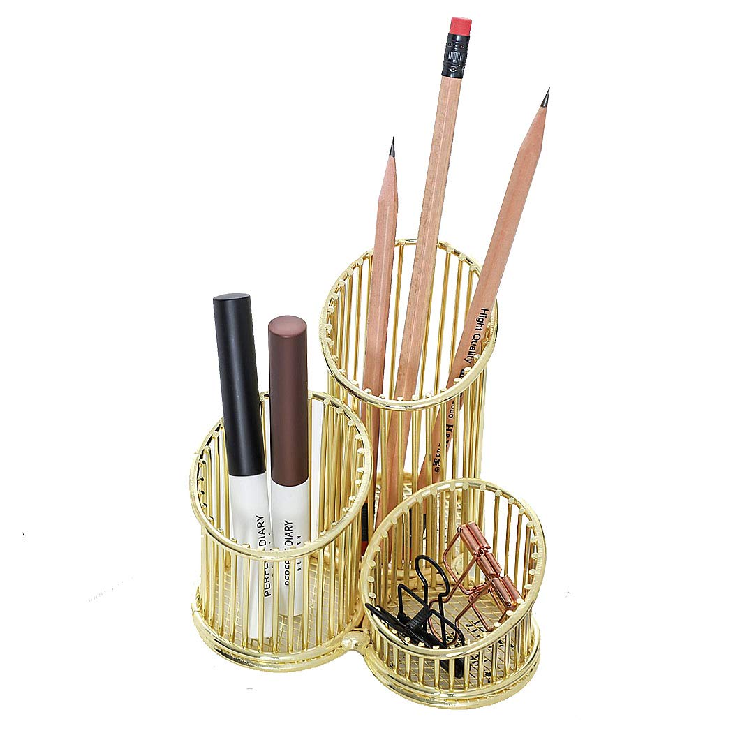 Golden Wrought Iron Pencil Holder - 3 Compartment Pen Organizer for Office, Classroom & Home | Perfect for Storing Pens, Pencils, Makeup Brushes & Art Supplies | Durable Desk Organizer for Work, Study & Beauty Routine