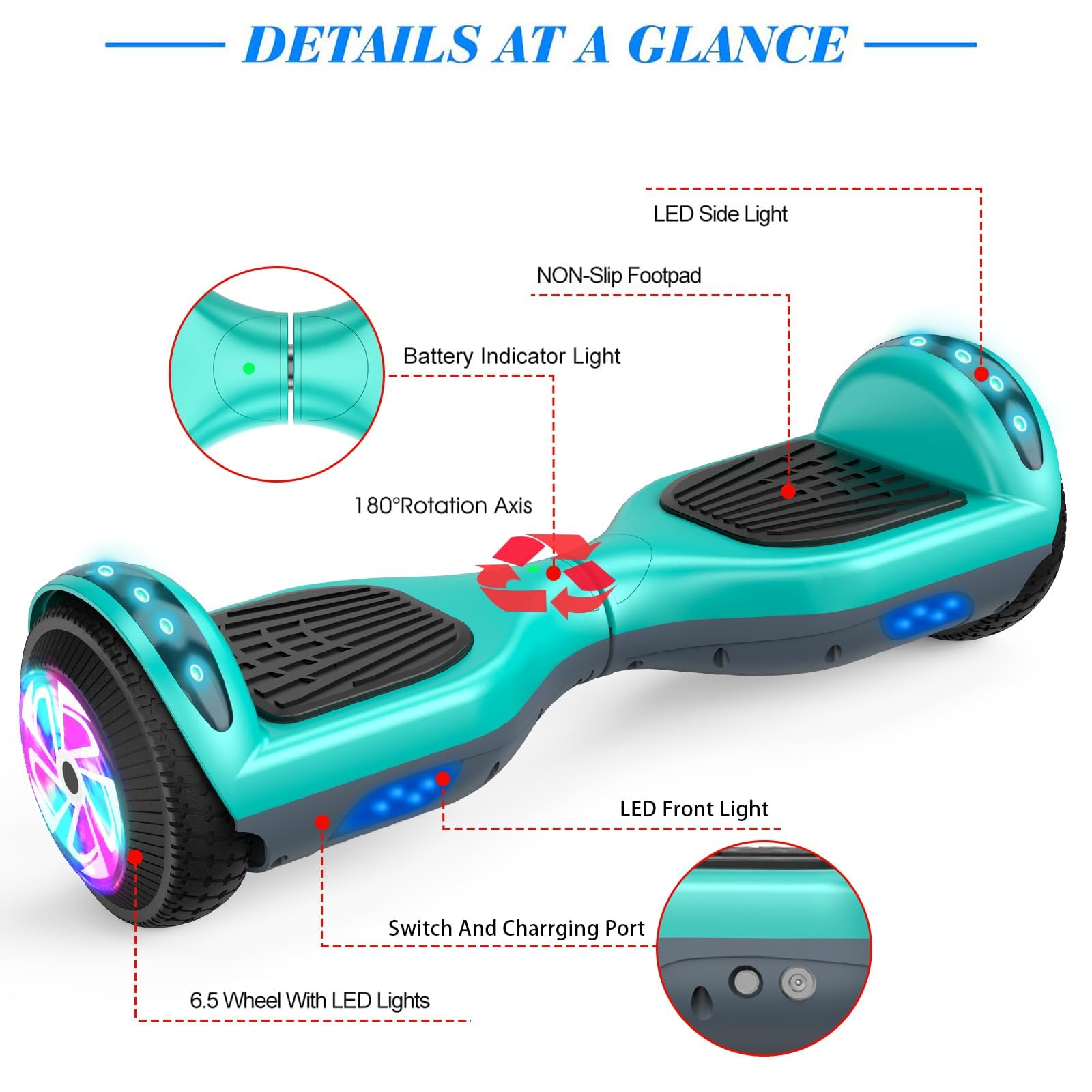 6.5 Inch Self Balancing Hoverboard with Bluetooth & LED Lights - Electric Scooter for Kids & Teens - Perfect for Commuting, Campus Travel & Outdoor Fun
