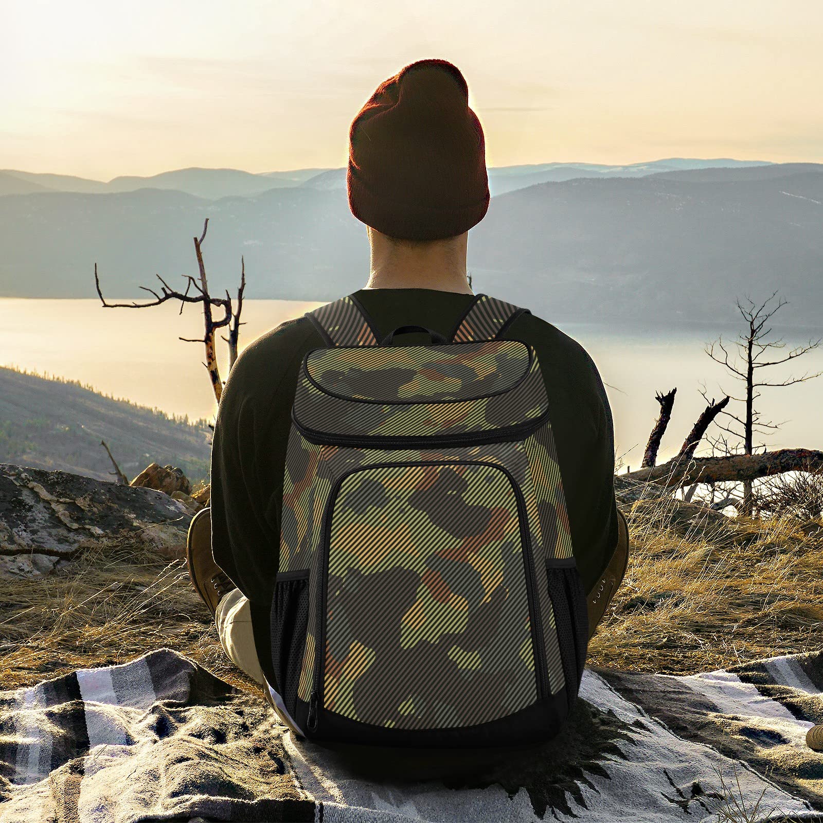 Waterproof Insulated Cooler Backpack - Green Brown Striped Camouflage Leak-Proof Soft Cooler Bag for Camping, Beach, Fishing & Work | Lunch Backpack for Men & Women