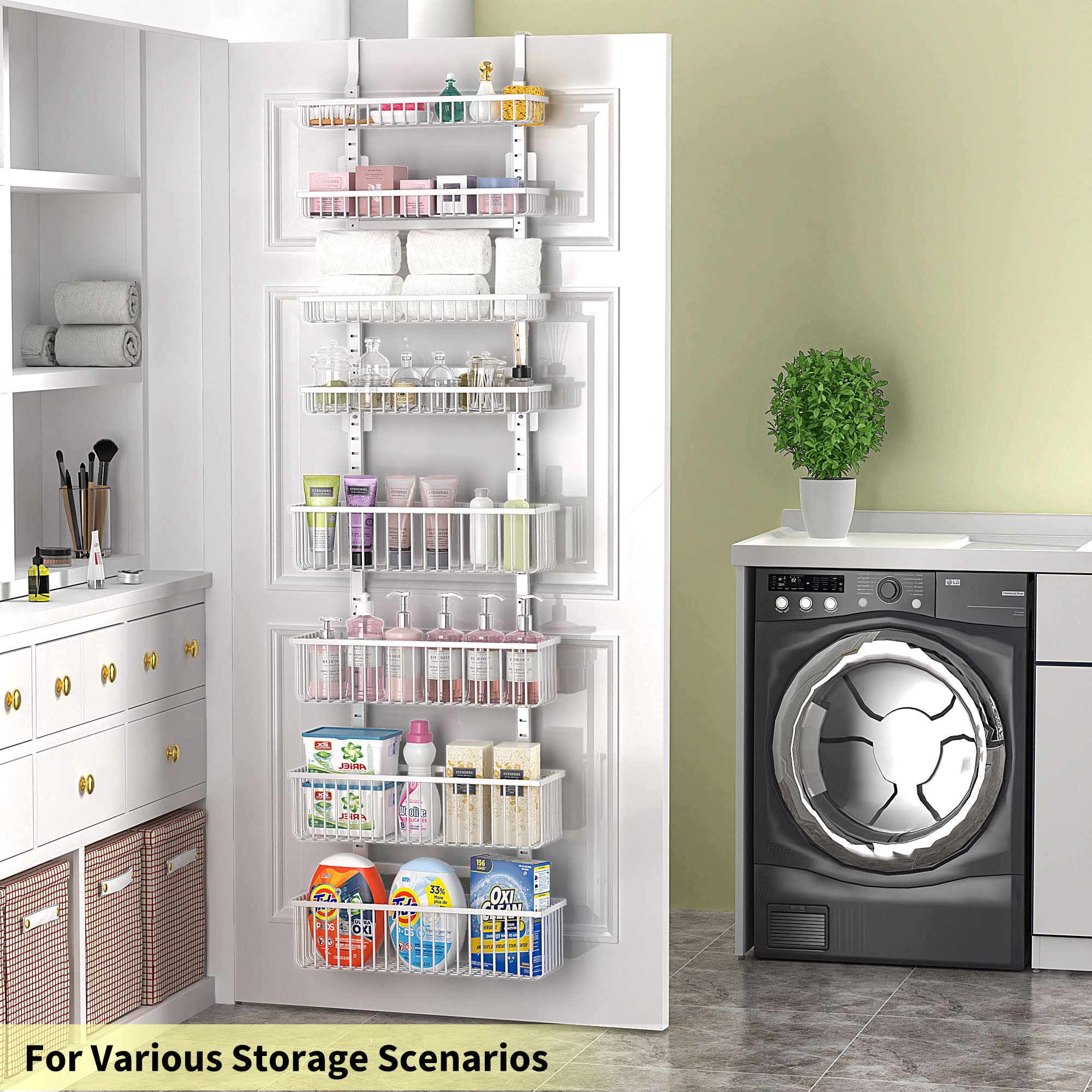 Moforoco White Over The Door Pantry Organizer - Metal Hanging Spice Rack Shelves for Kitchen & Laundry Room Storage - Space Saving Door Mounted Seasoning Shelves - Perfect for Pantry Organization & House Essentials - Ideal for Small Kitchens, Apartments, and Closet Storage