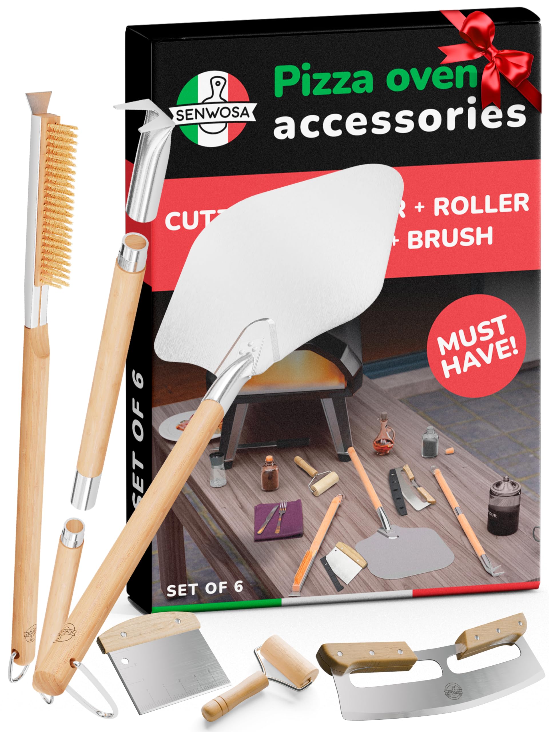 Premium Pizza Oven Accessories Kit - 6-Piece Set for Home Pizza Making | Includes Pizza Peel, Oven Brush, Bubble Popper Turner, Rocker Cutter, Dough Roller & Scraper | Perfect for Outdoor Pizza Parties, Backyard Cooking & Italian Cuisine Enthusiasts