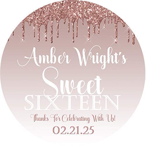 Rose Gold Sweet 16 Birthday Party Stickers & Favor Tags - Elegant Decorations for Sweet Sixteen Celebrations, Baby Showers, Bridal Showers & Special Events