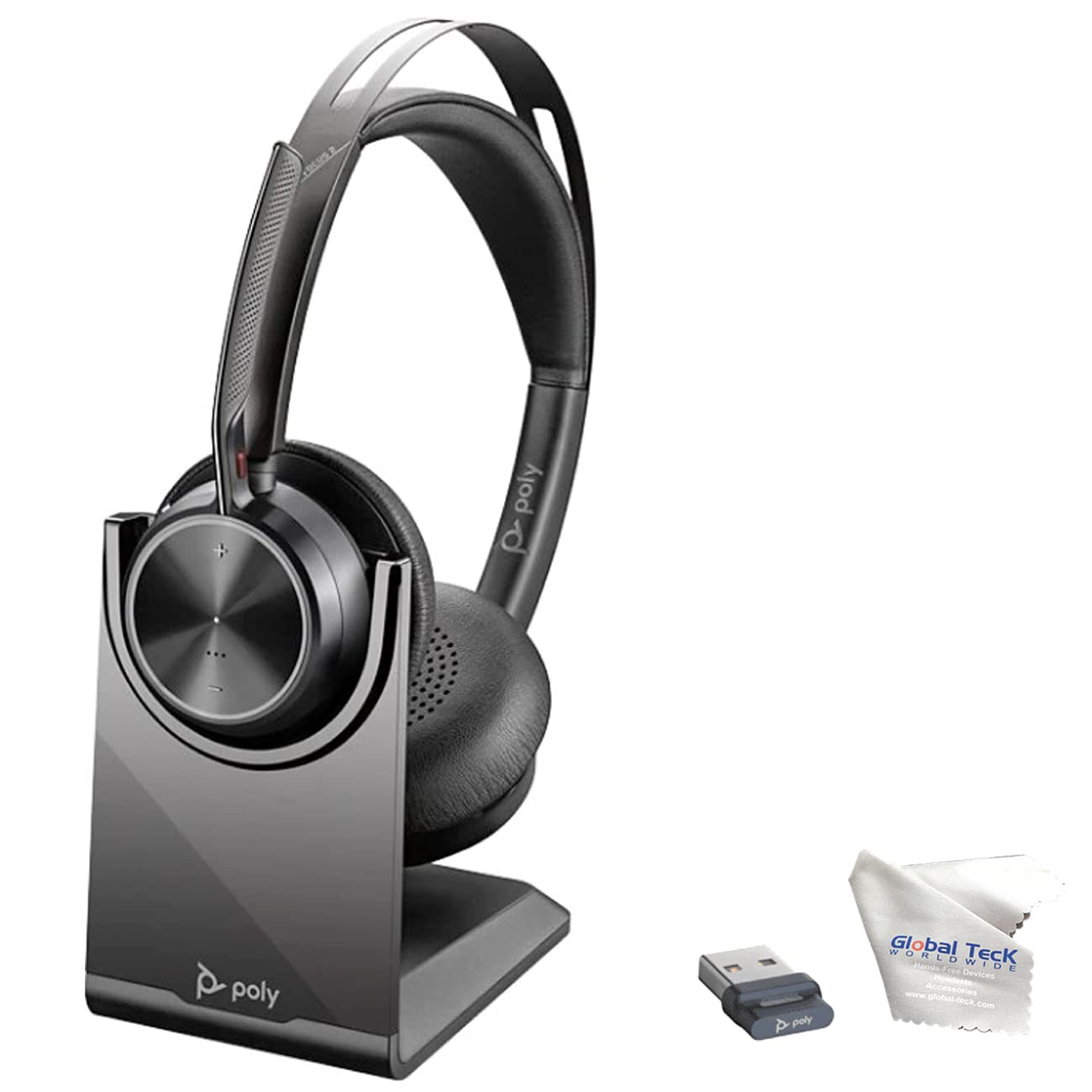 GTW Poly Voyager Focus 2 UC Wireless Bluetooth Headset with Charging Stand | USB-C Noise Cancelling Headphones for Office & Remote Work | Compatible with Teams, Zoom, RingCentral, 8x8, Vonage | Includes Bonus Microfiber Cloth | Perfect for Video Conferencing, Call Centers & Home Office
